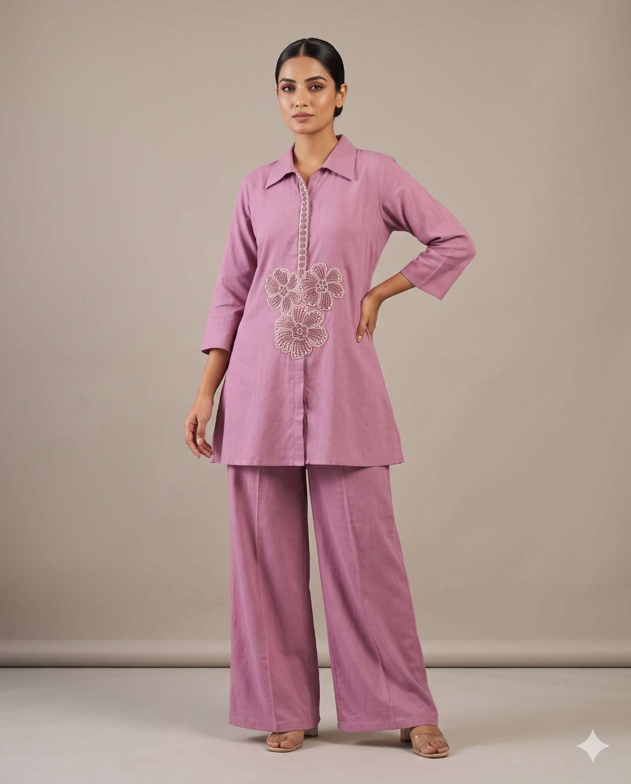 Women Aqua Blue Cotton Co-ord Set with Floral Embroidery