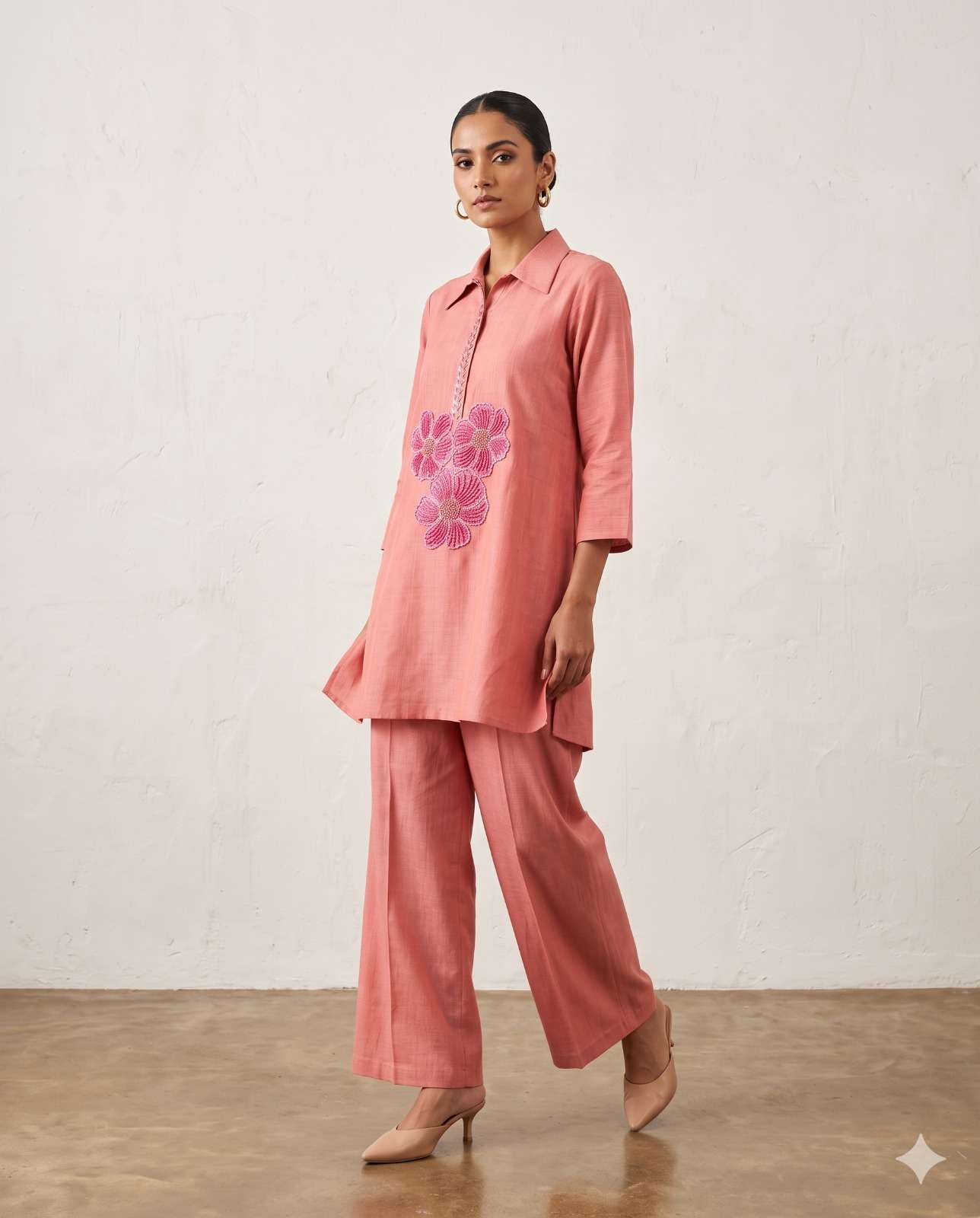 Women Aqua Blue Cotton Co-ord Set with Floral Embroidery