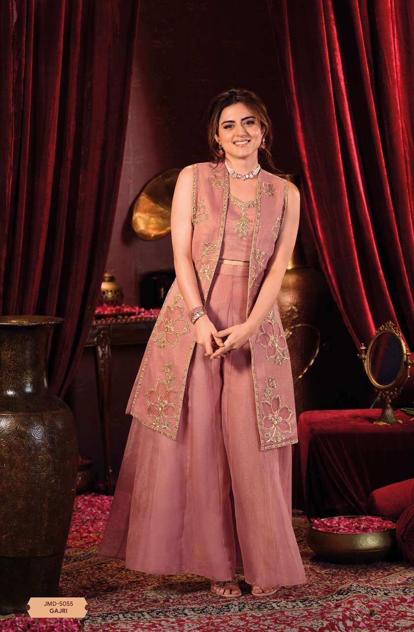 Choli with Long Jacket – Appliqué Work | Kali Palazzo Set in Zella Silk Fabric