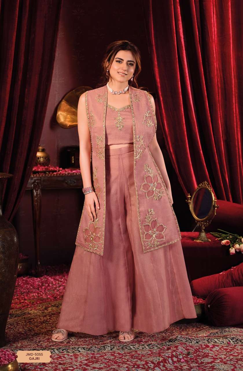 Choli with Long Jacket – Appliqué Work | Kali Palazzo Set in Zella Silk Fabric