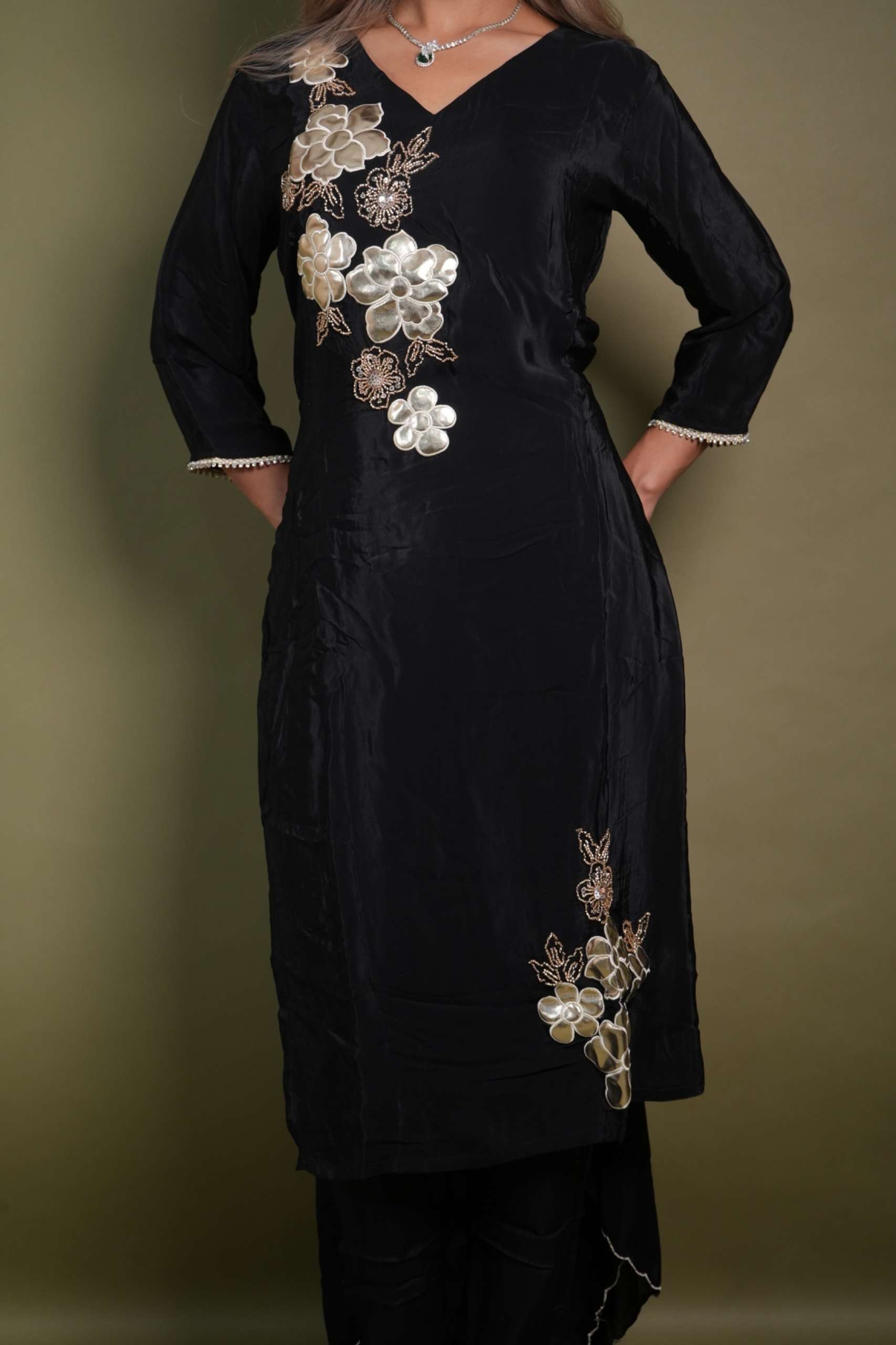 Black Gaji Silk Designer Suit with Embroidered Dupatta