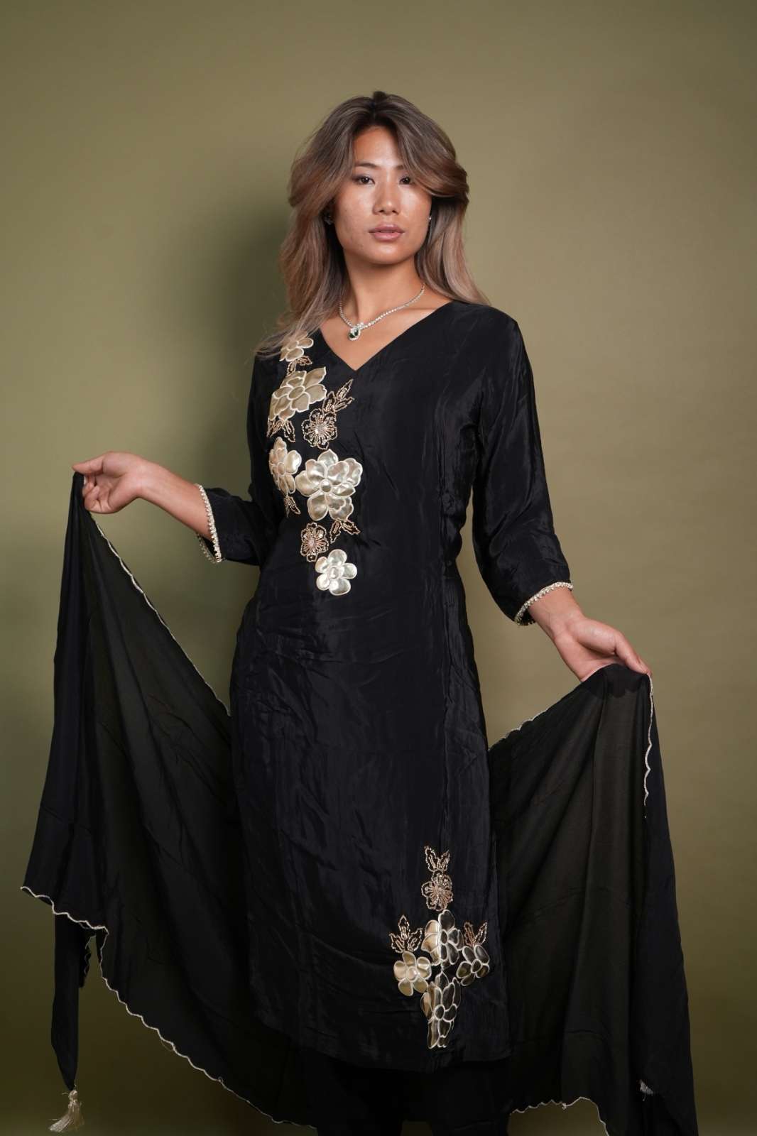 Black Gaji Silk Designer Suit with Embroidered Dupatta