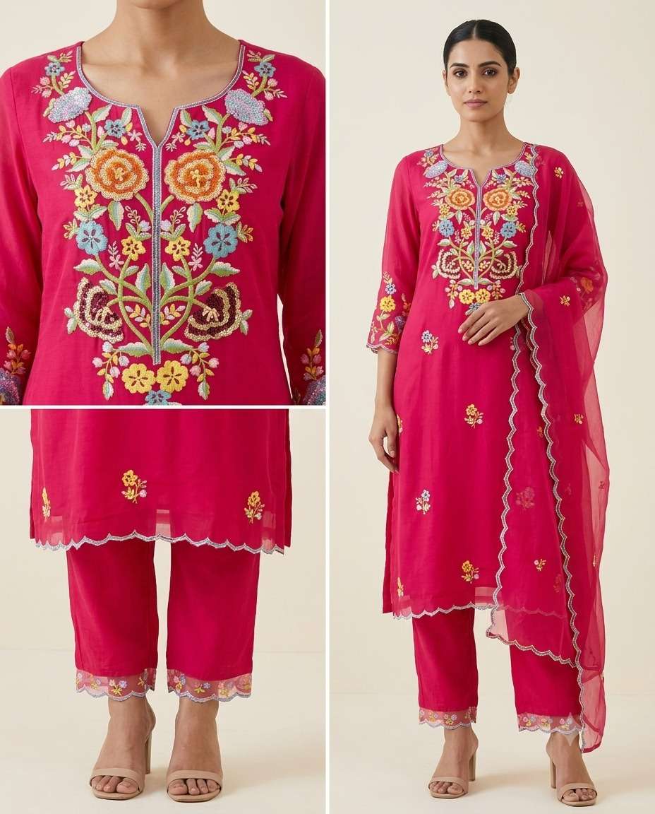 Designer Embroidered Silk Kurta Pant Set with Organza Dupatta