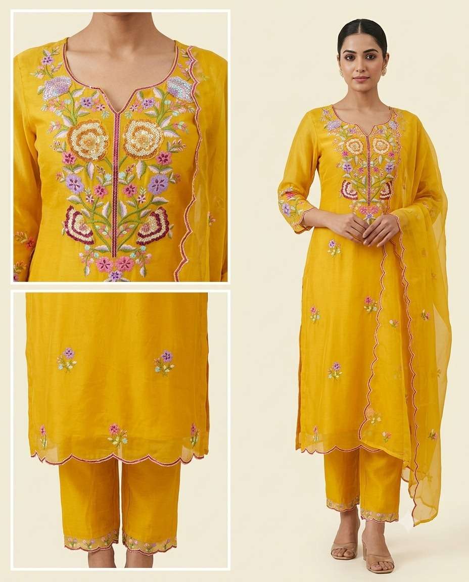 Designer Embroidered Silk Kurta Pant Set with Organza Dupatta