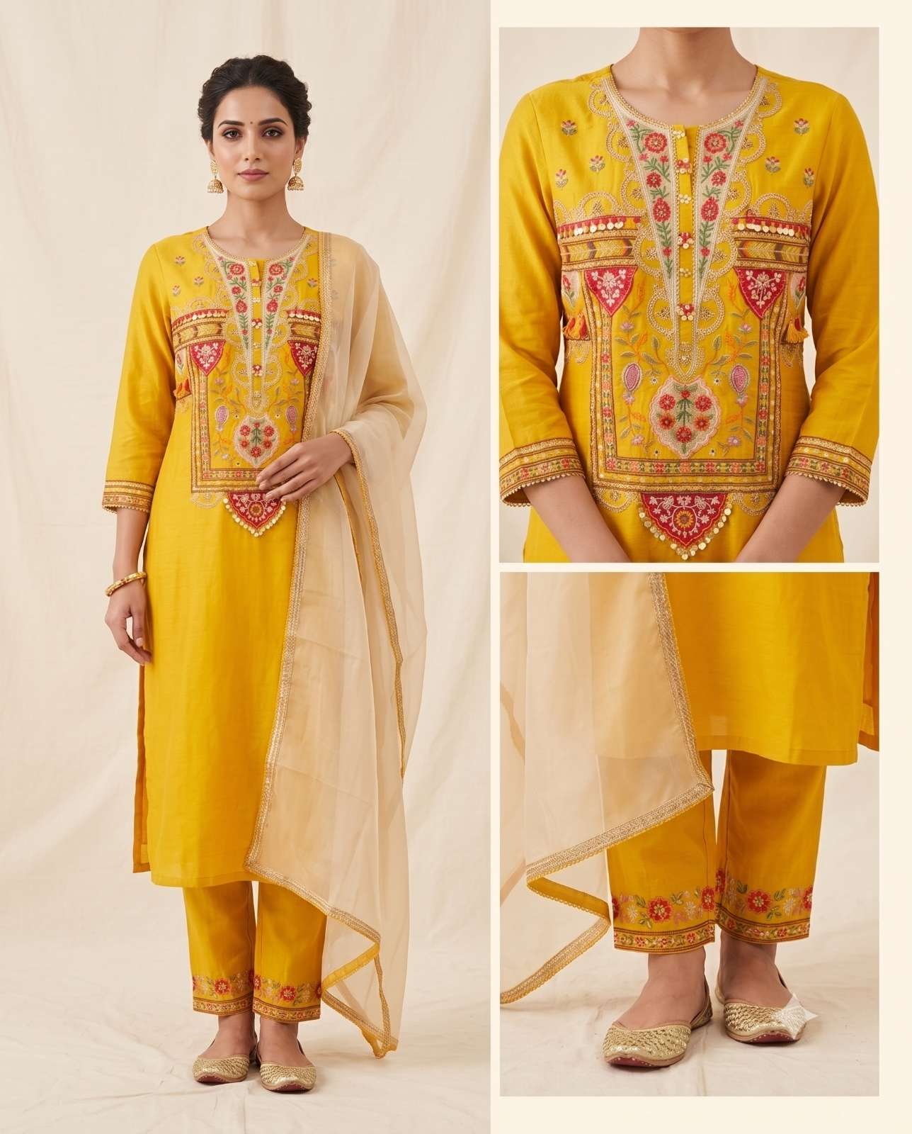 Designer Embroidered Silk Kurta Pant Set with Organza Dupatta