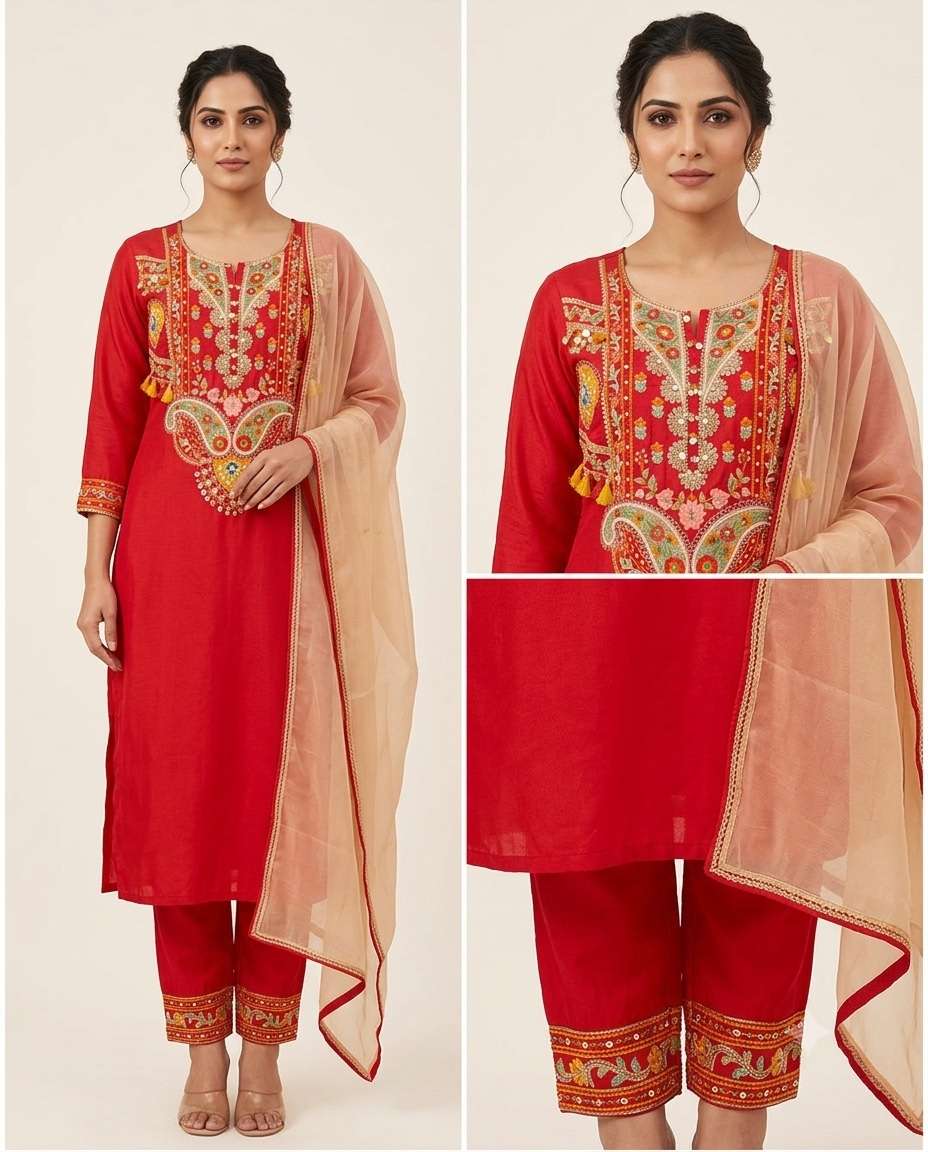 Designer Embroidered Silk Kurta Pant Set with Organza Dupatta