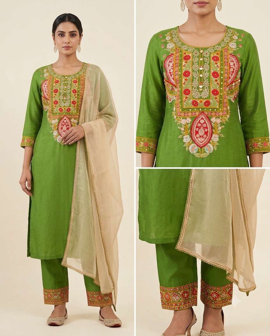 Designer Embroidered Silk Kurta Pant Set with Organza Dupatta