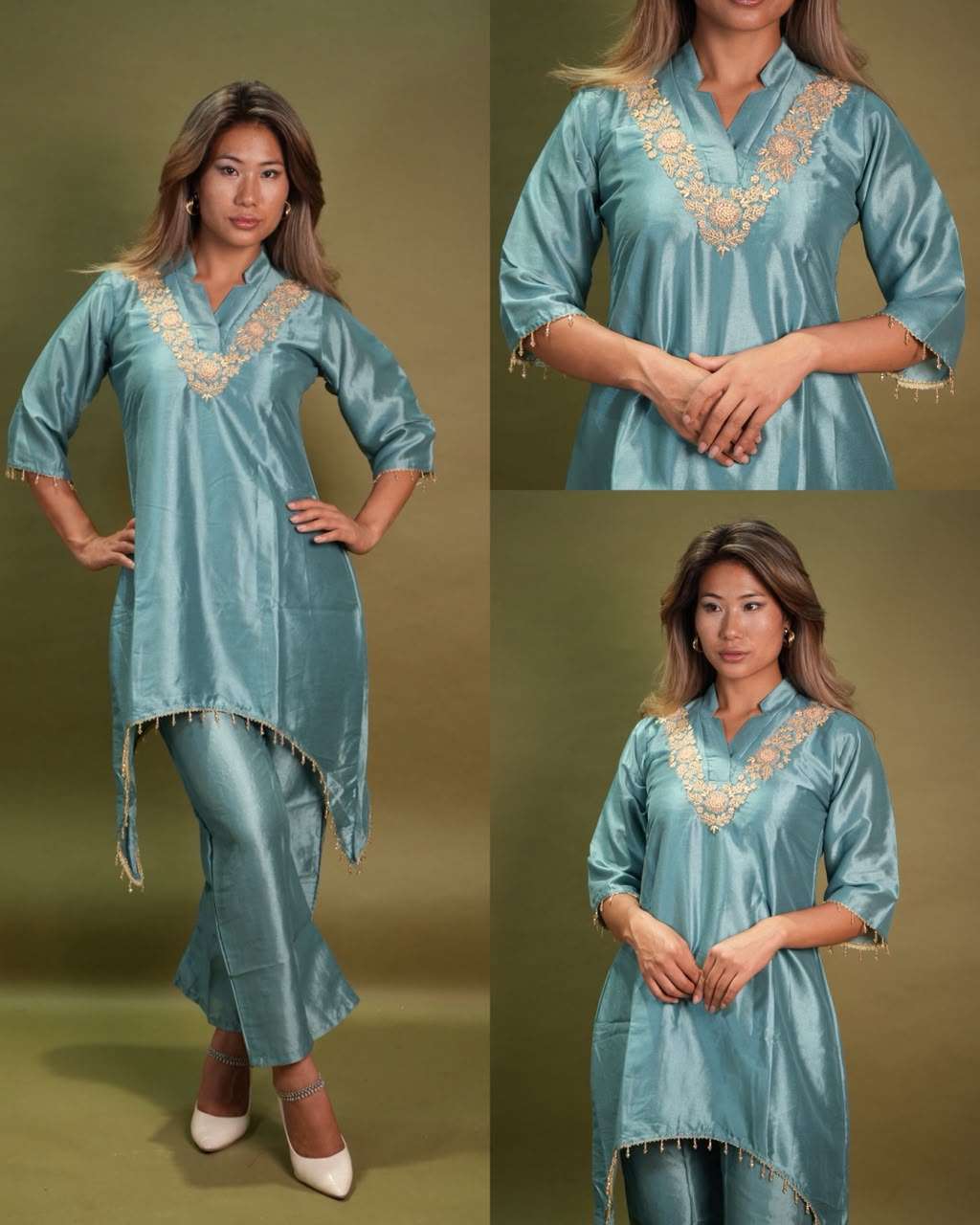 Designer Satin Suit with Floral Embroidery