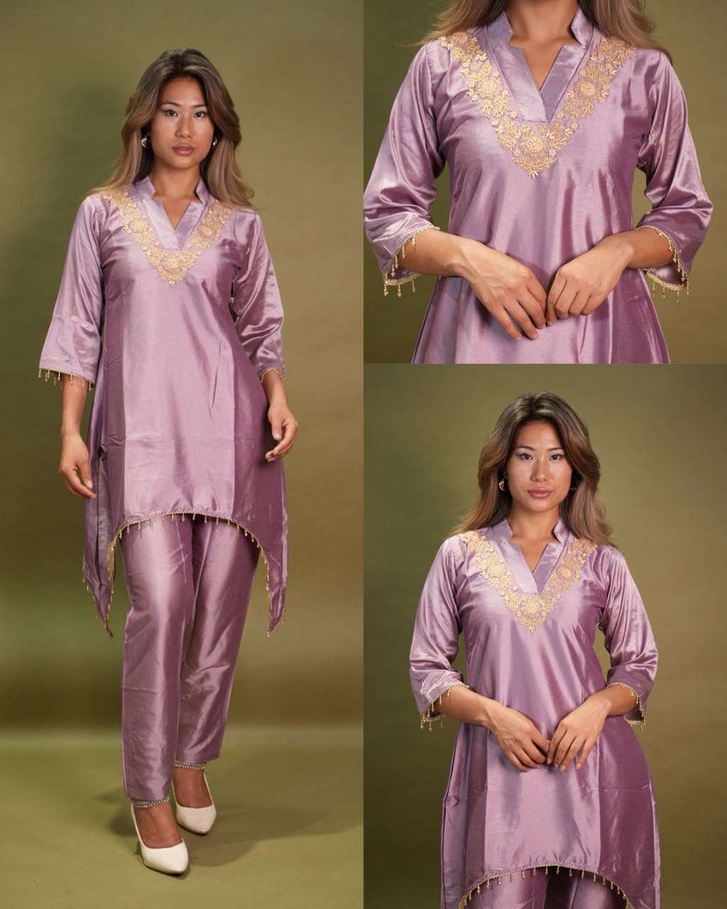 Designer Satin Suit with Floral Embroidery