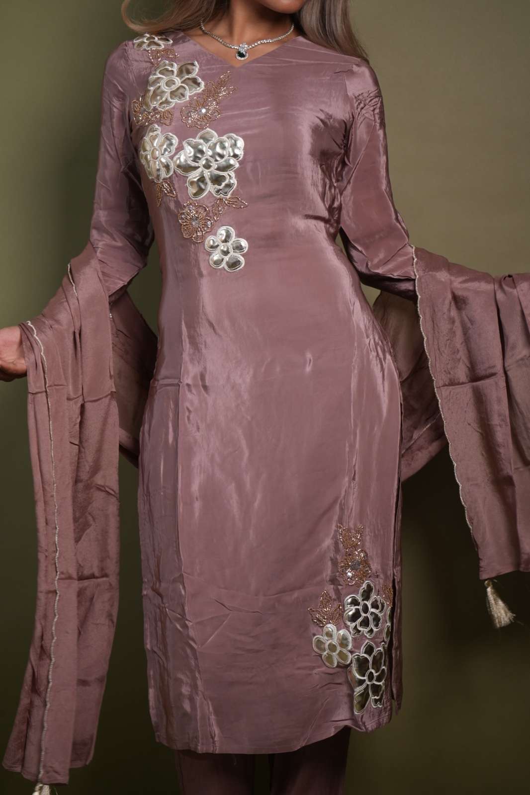 Dusty Rose Gaji Silk Designer Suit with Floral Embroidery