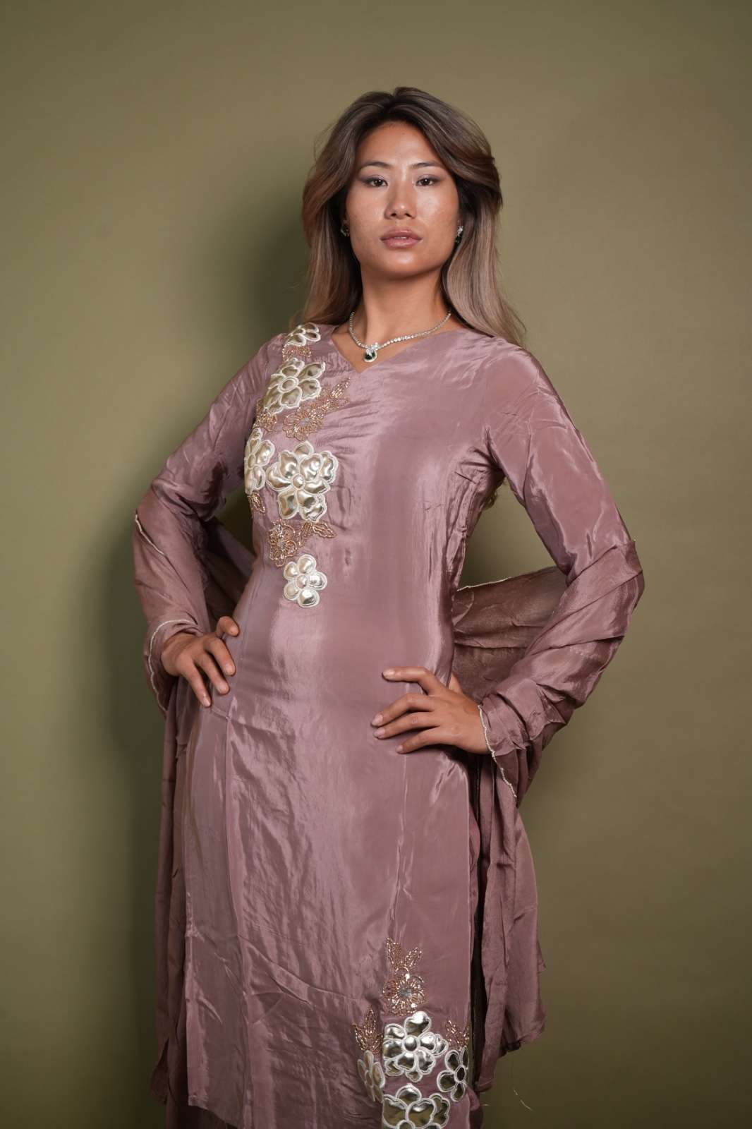 Dusty Rose Gaji Silk Designer Suit with Floral Embroidery