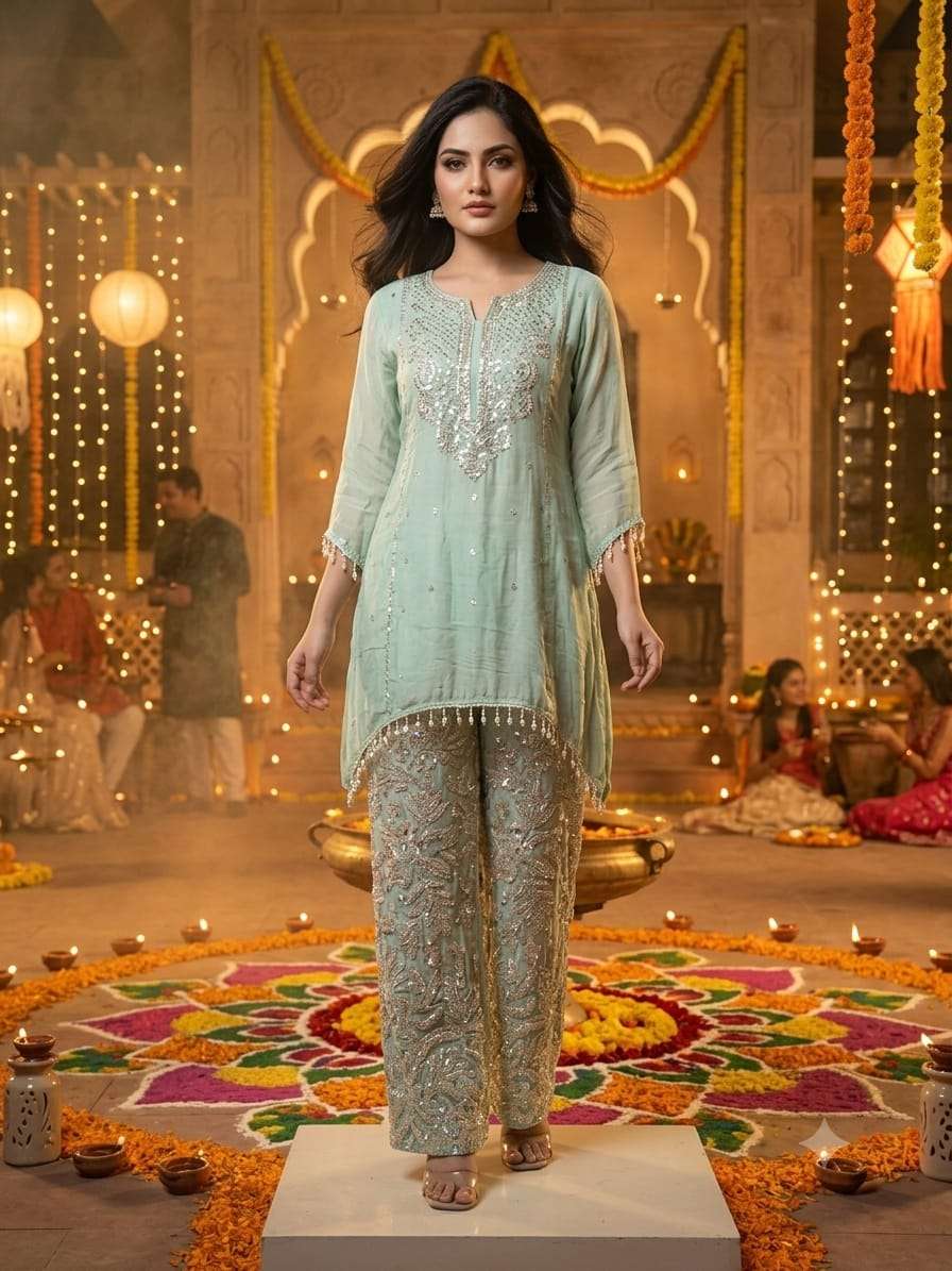 Exclusive Pure Glass Organza Kurti Pant with Heavy Work | Sai Dhara NX