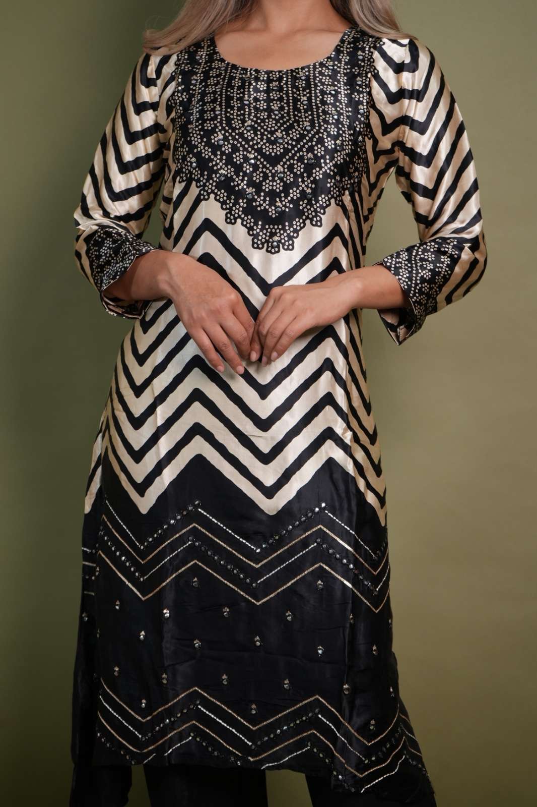 Gaji Silk Black & Beige Chevron Printed Kurta Set