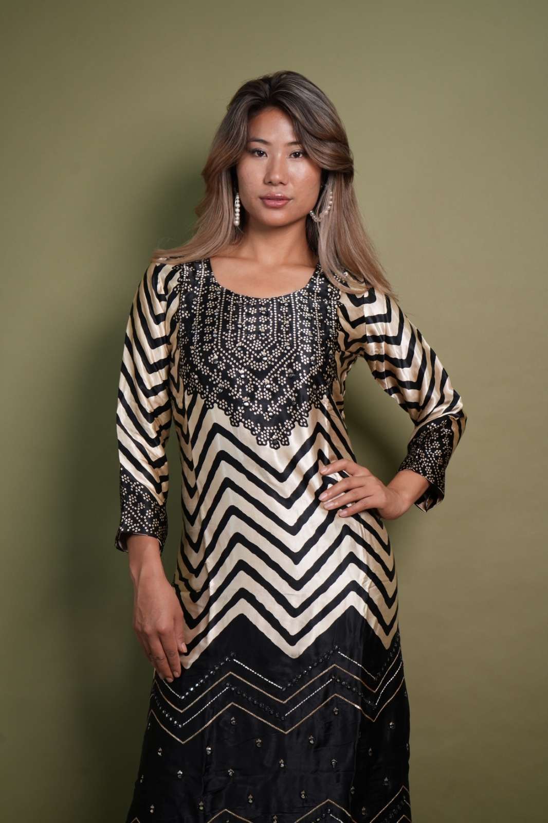 Gaji Silk Black & Beige Chevron Printed Kurta Set