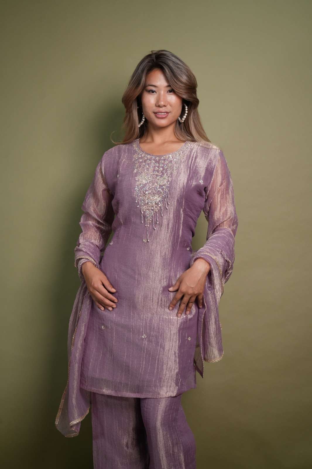 Gaji Silk Embroidered 3-Piece Suit Set – Mauve Purple