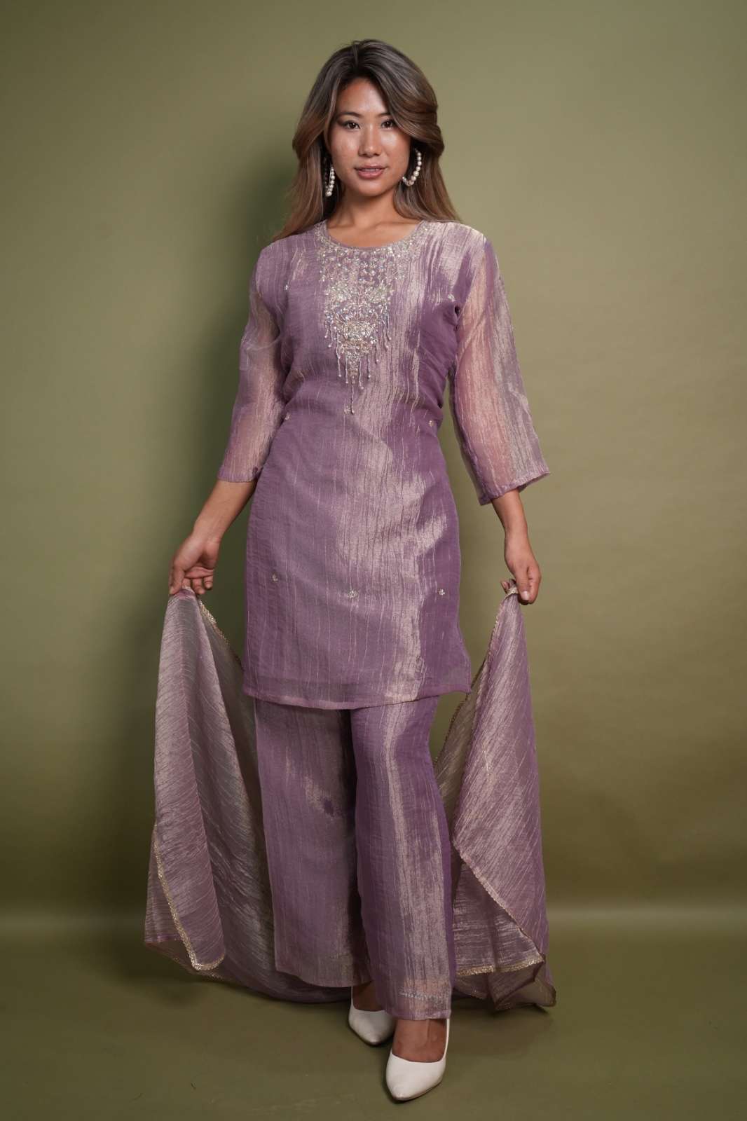 Gaji Silk Embroidered 3-Piece Suit Set – Mauve Purple