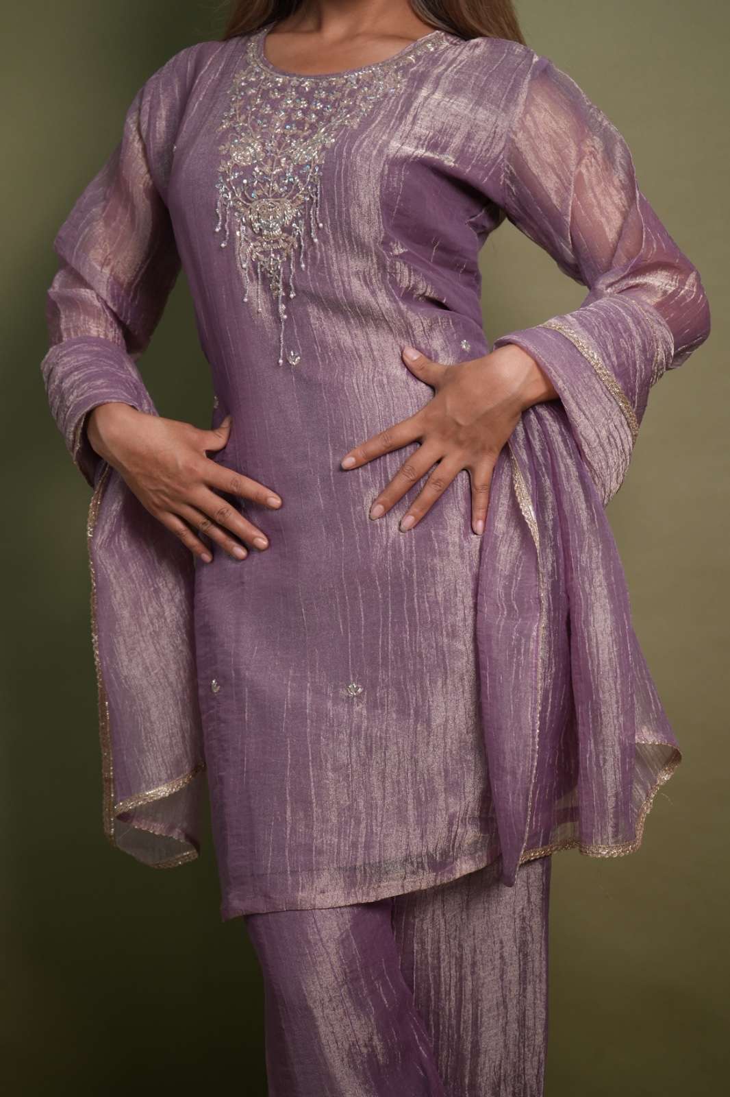 Gaji Silk Embroidered 3-Piece Suit Set – Mauve Purple