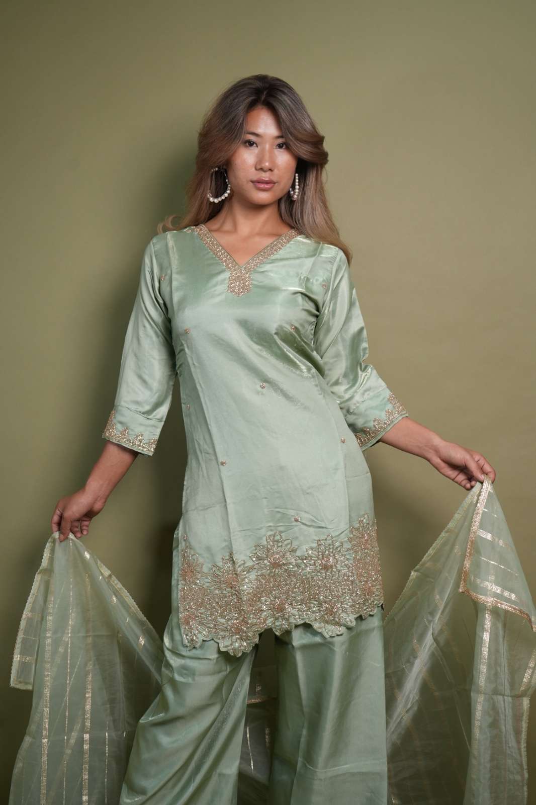 Gaji Silk Embroidered 3-Piece Suit Set – Mint Green