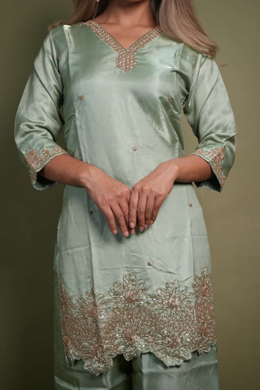 Gaji Silk Embroidered 3-Piece Suit Set – Mint Green