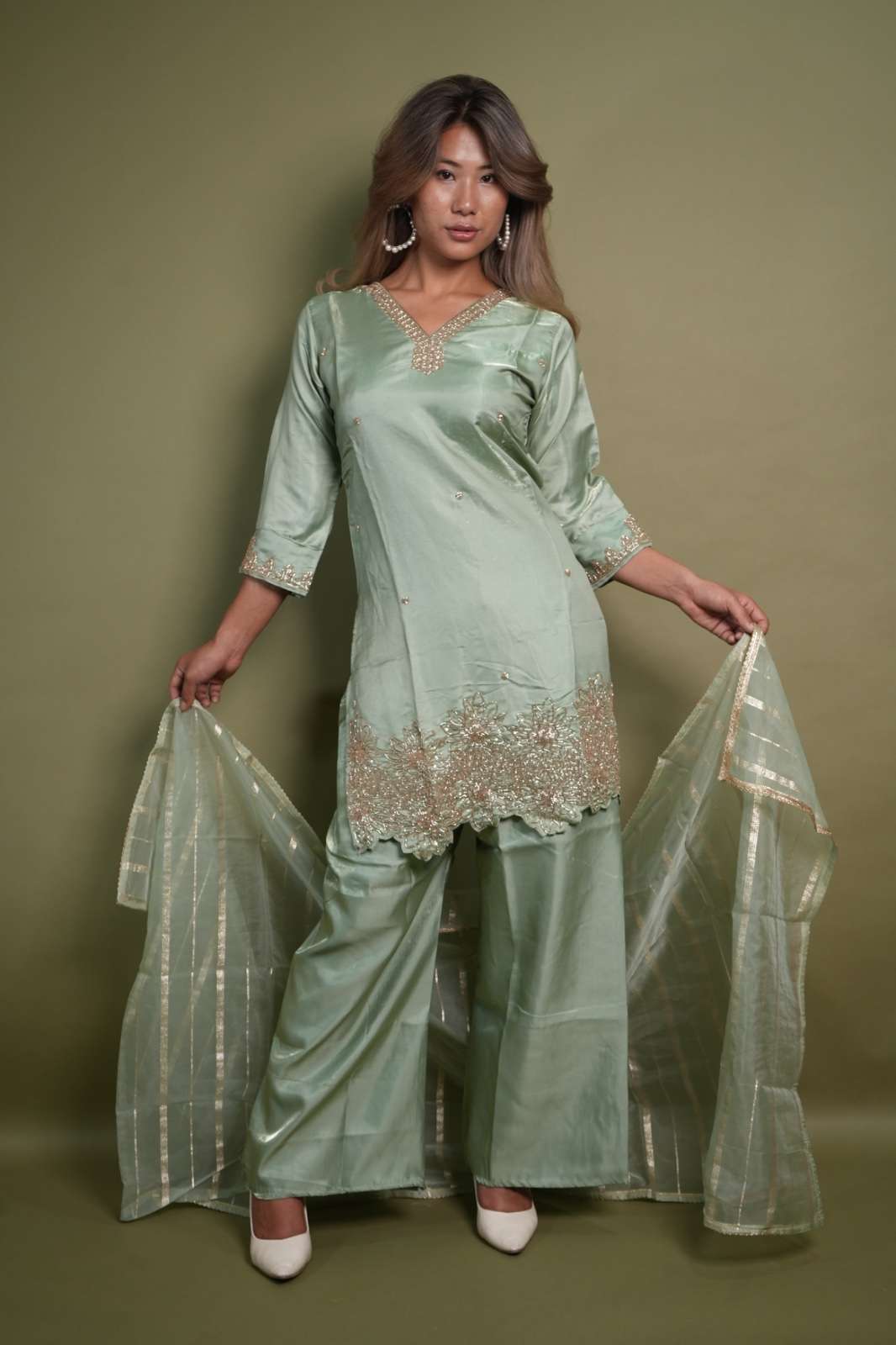 Gaji Silk Embroidered 3-Piece Suit Set – Mint Green