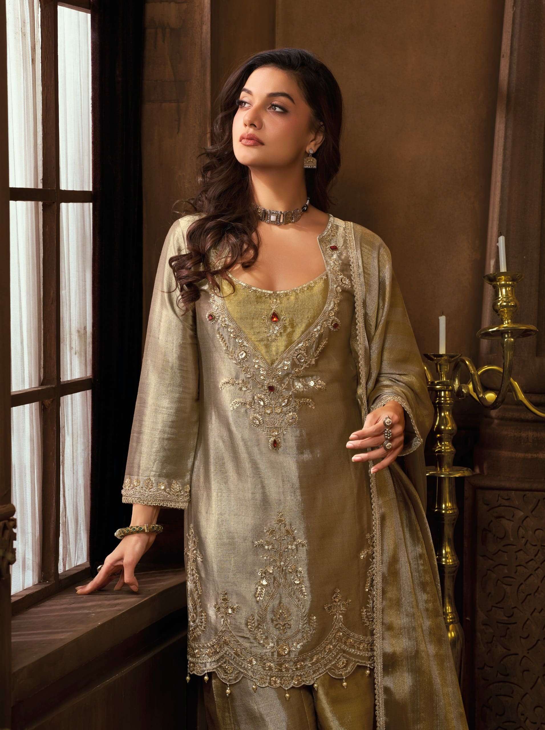 Gold Banarasi Pure Zari Bustier Concept Suit Set | Cross-Kali Palazzo with Pure Zari Dupatta