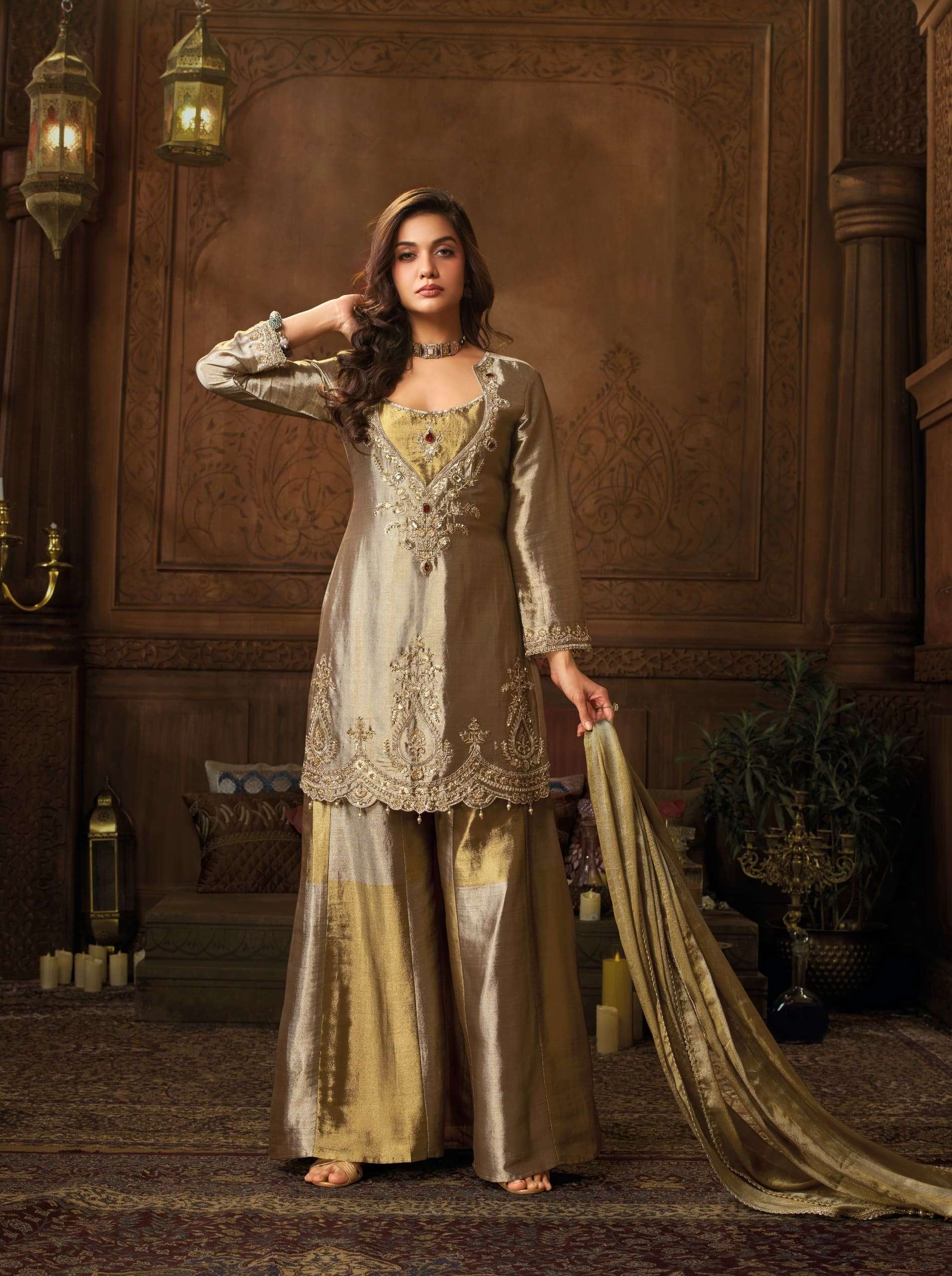 Gold Banarasi Pure Zari Bustier Concept Suit Set | Cross-Kali Palazzo with Pure Zari Dupatta