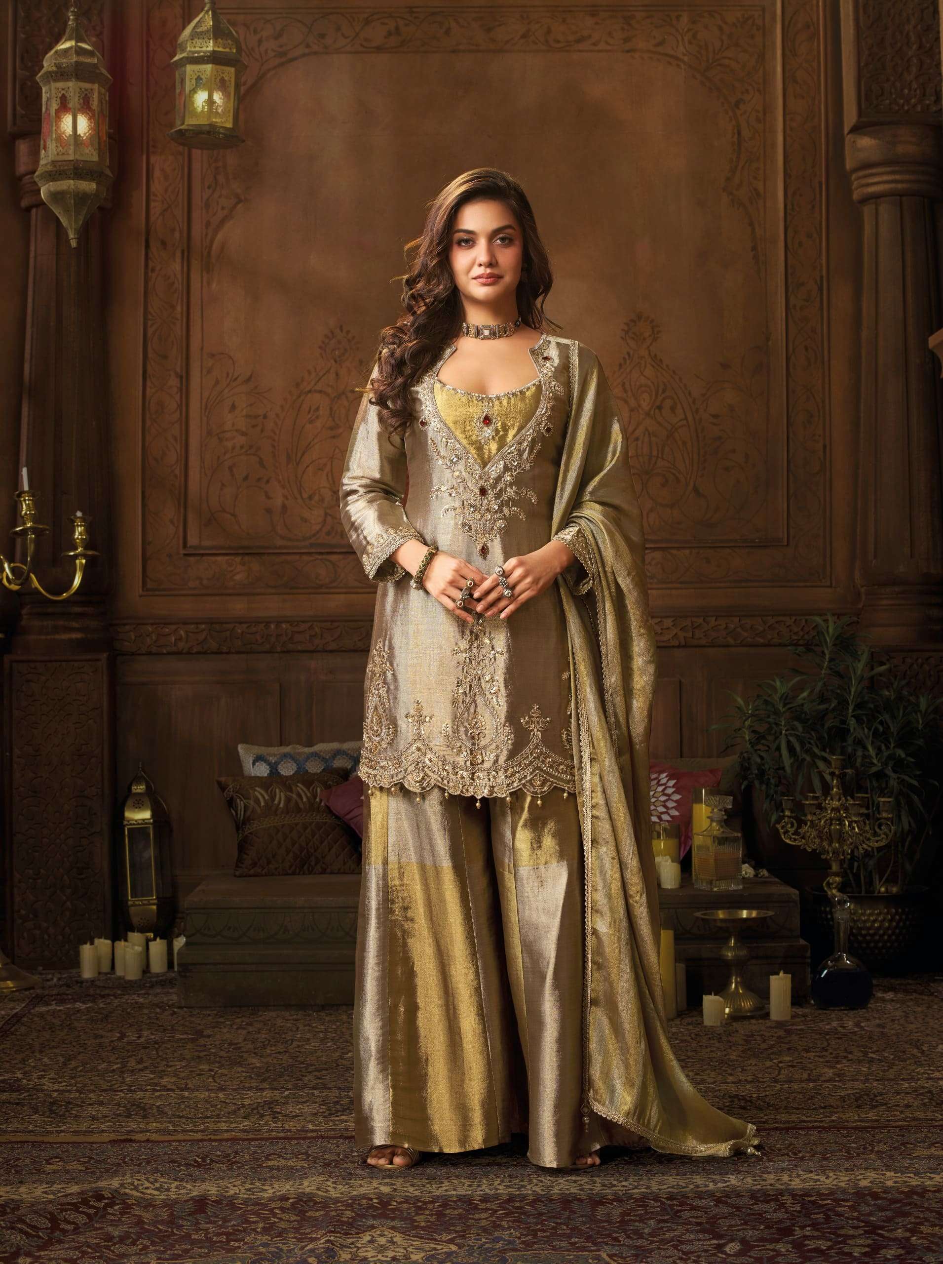 Gold Banarasi Pure Zari Bustier Concept Suit Set | Cross-Kali Palazzo with Pure Zari Dupatta