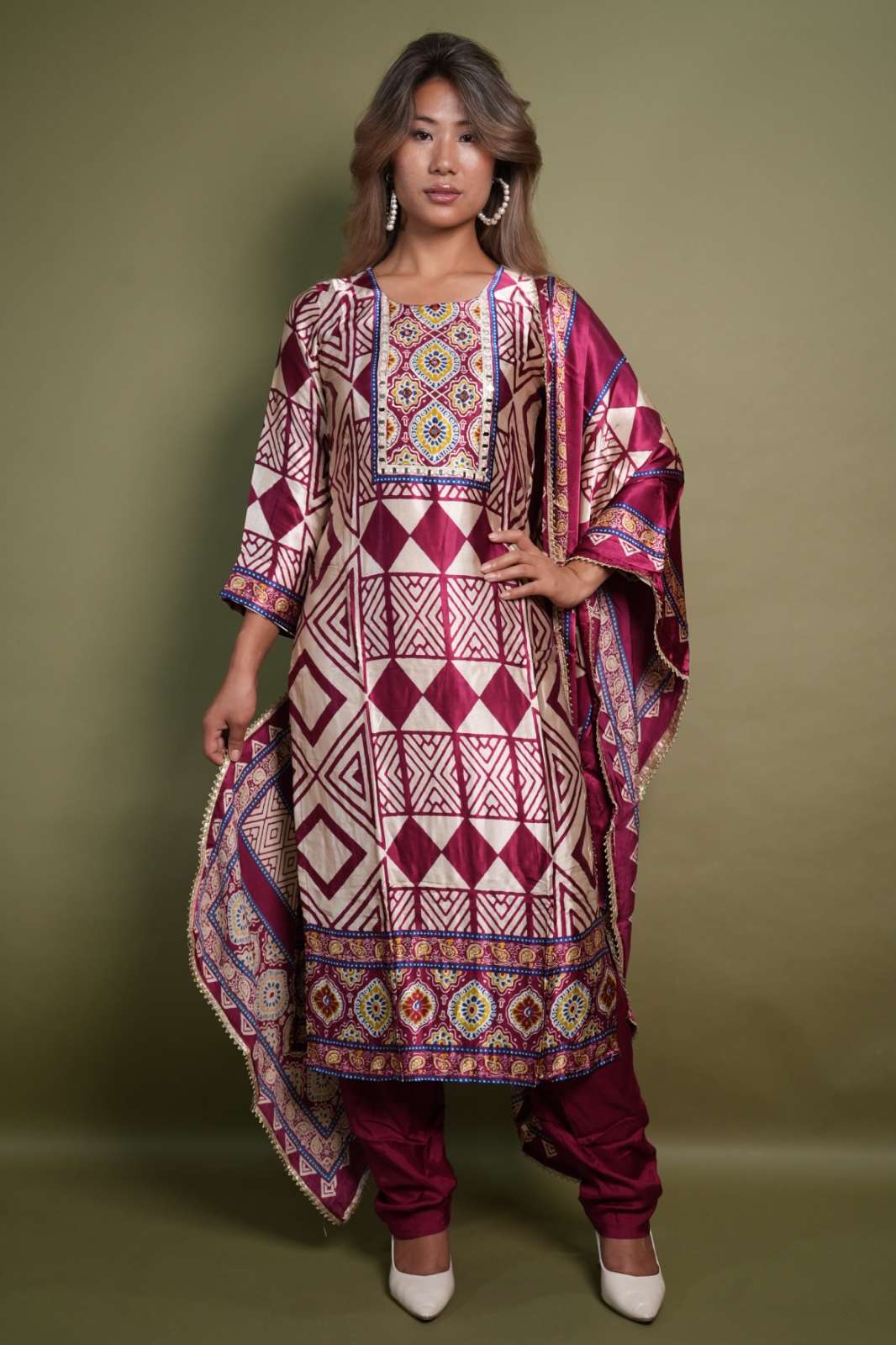 Maroon & Cream Gaji Silk Ethnic Printed Suit with Dupatta