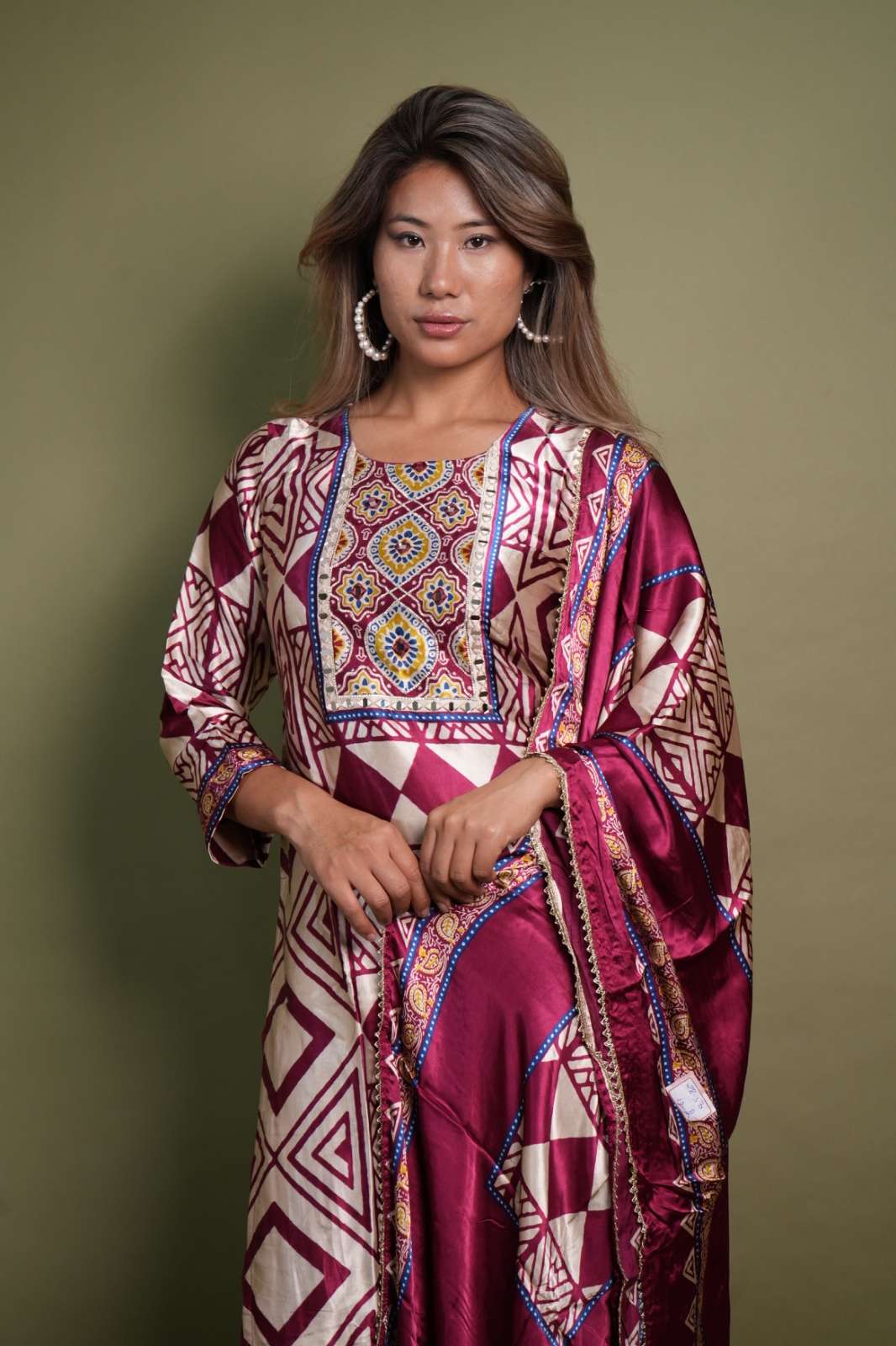 Maroon & Cream Gaji Silk Ethnic Printed Suit with Dupatta