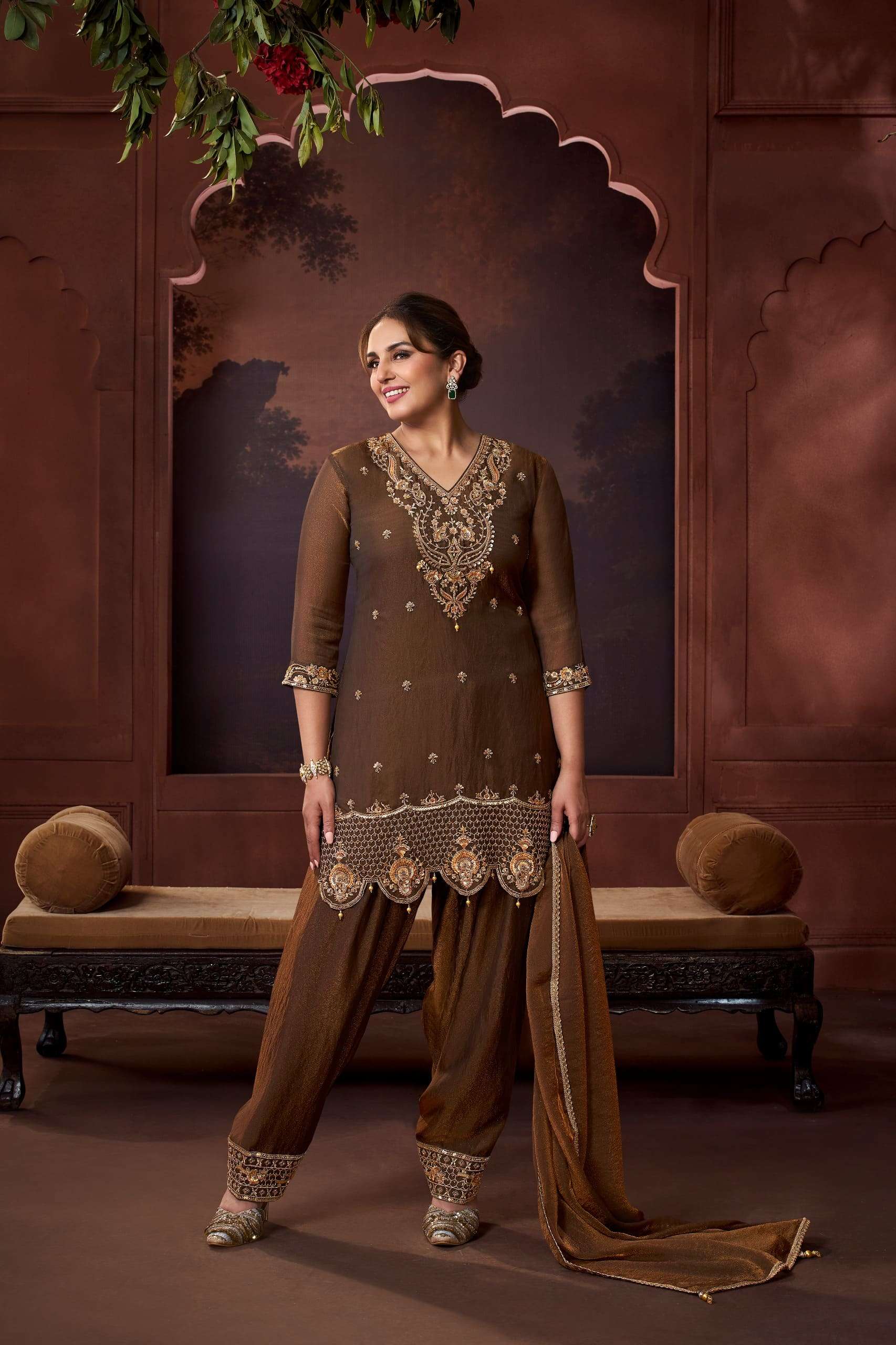 Metallic Coffee | Nylon X Cationic Farshi Set – Premium Embroidered Collection
