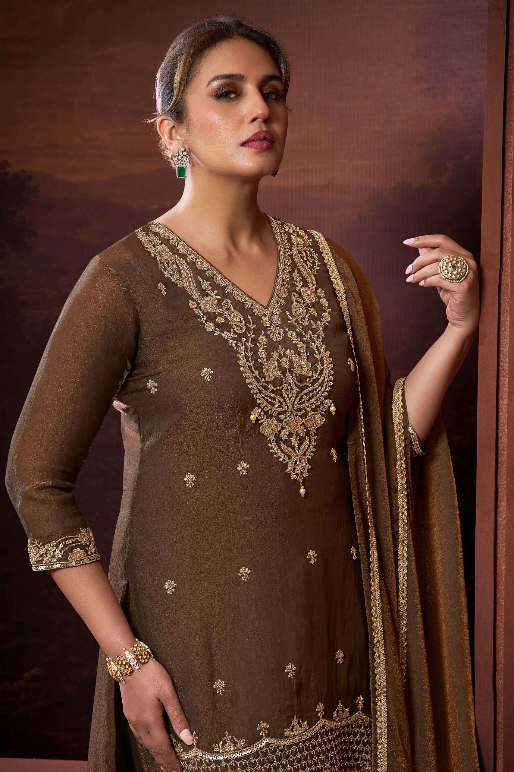 Metallic Coffee | Nylon X Cationic Farshi Set – Premium Embroidered Collection