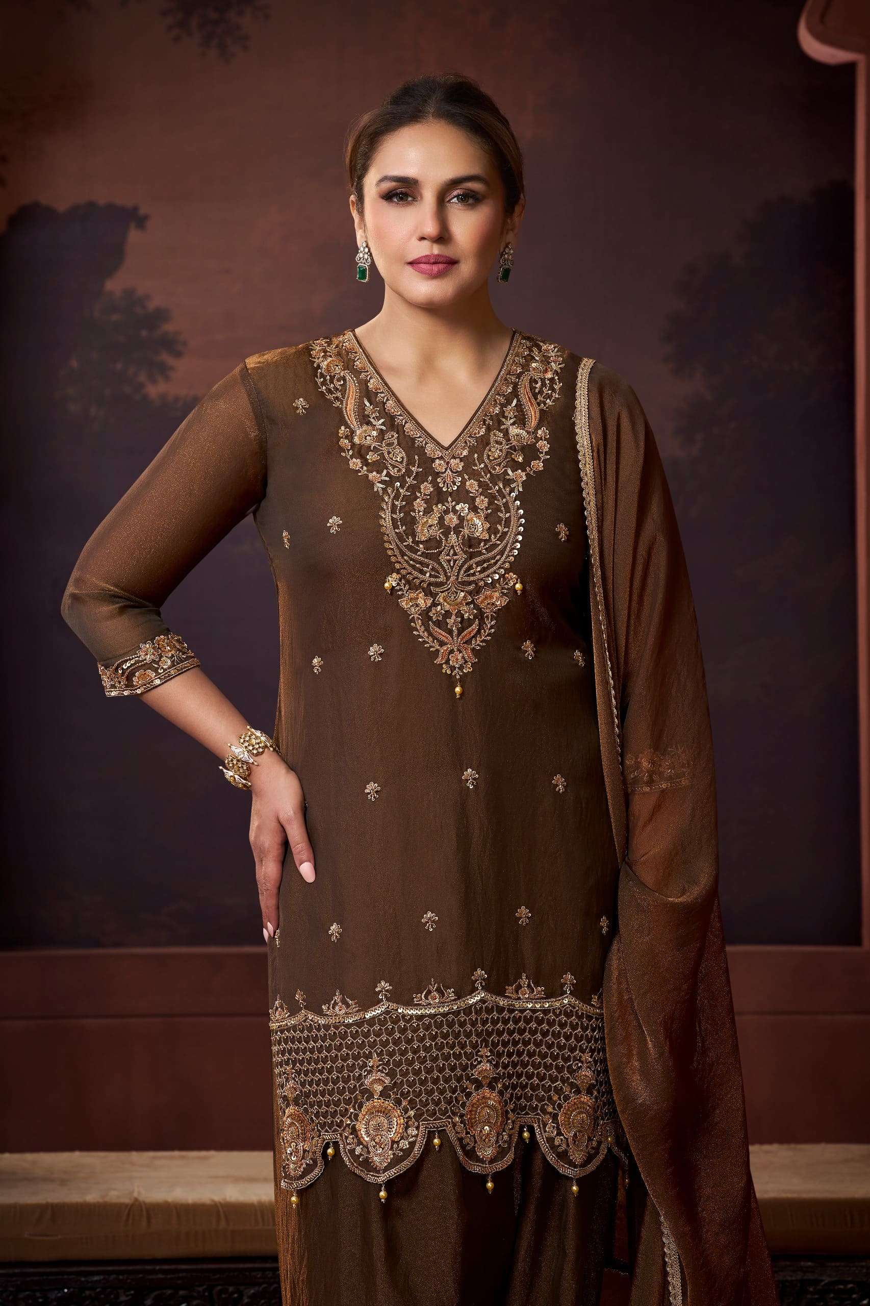 Metallic Coffee | Nylon X Cationic Farshi Set – Premium Embroidered Collection