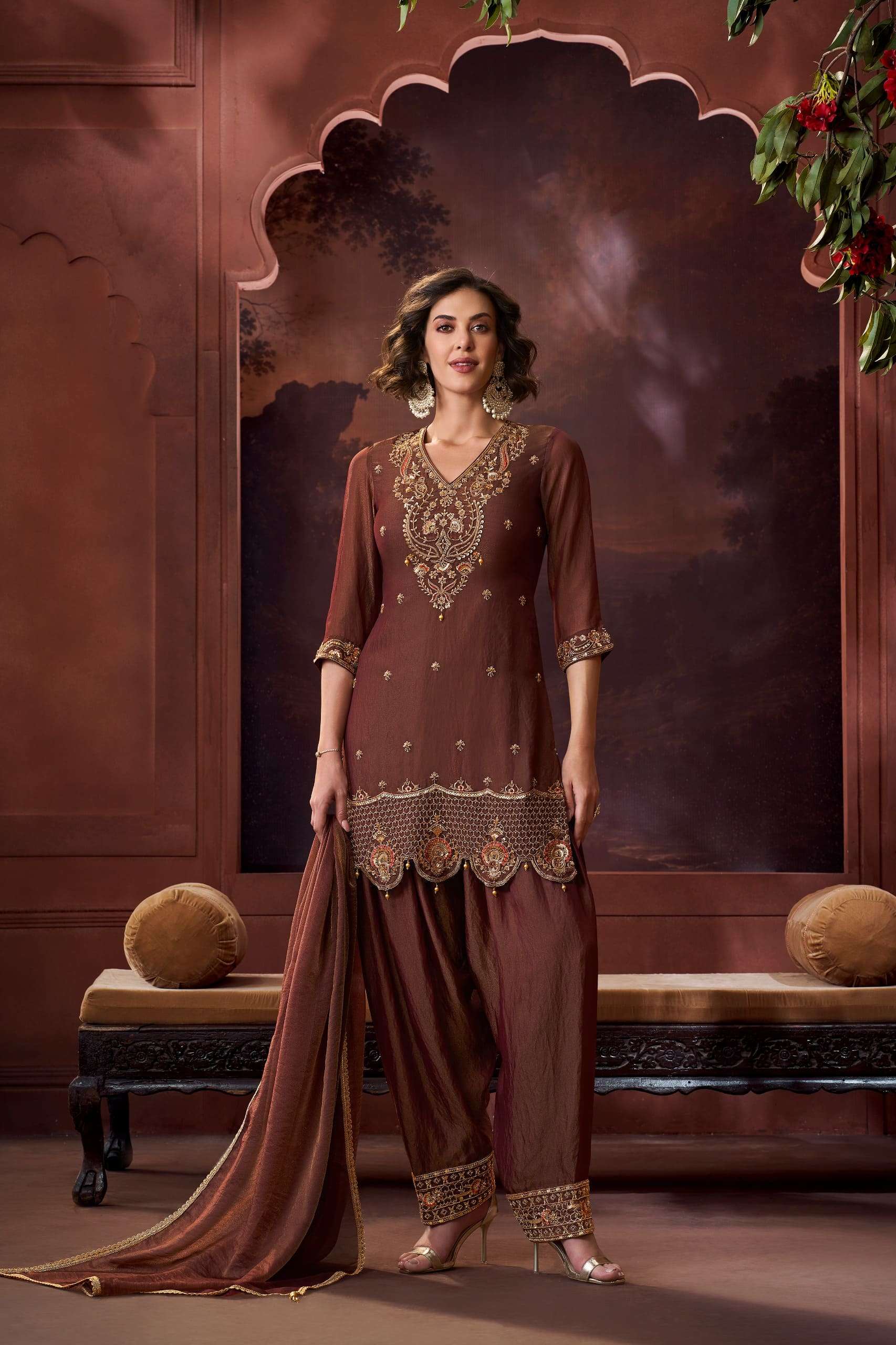 Metallic Maroon | Nylon X Cationic Farshi Set – Premium Embroidered Collection