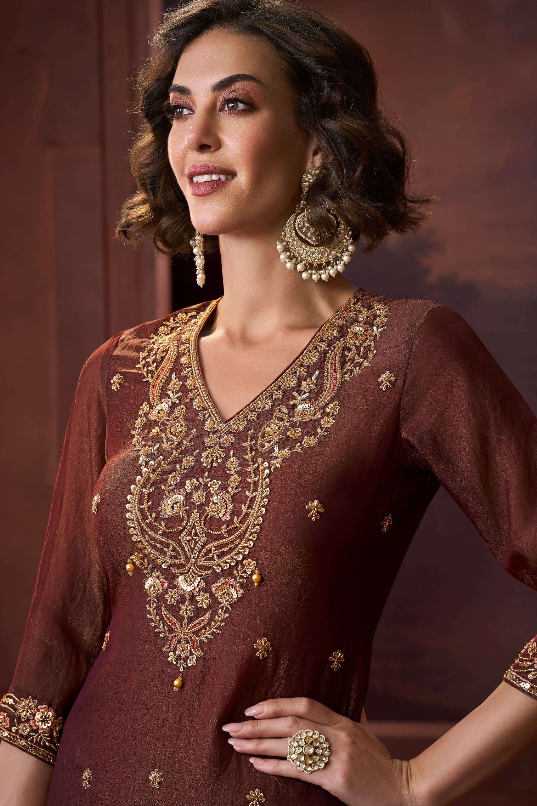 Metallic Maroon | Nylon X Cationic Farshi Set – Premium Embroidered Collection
