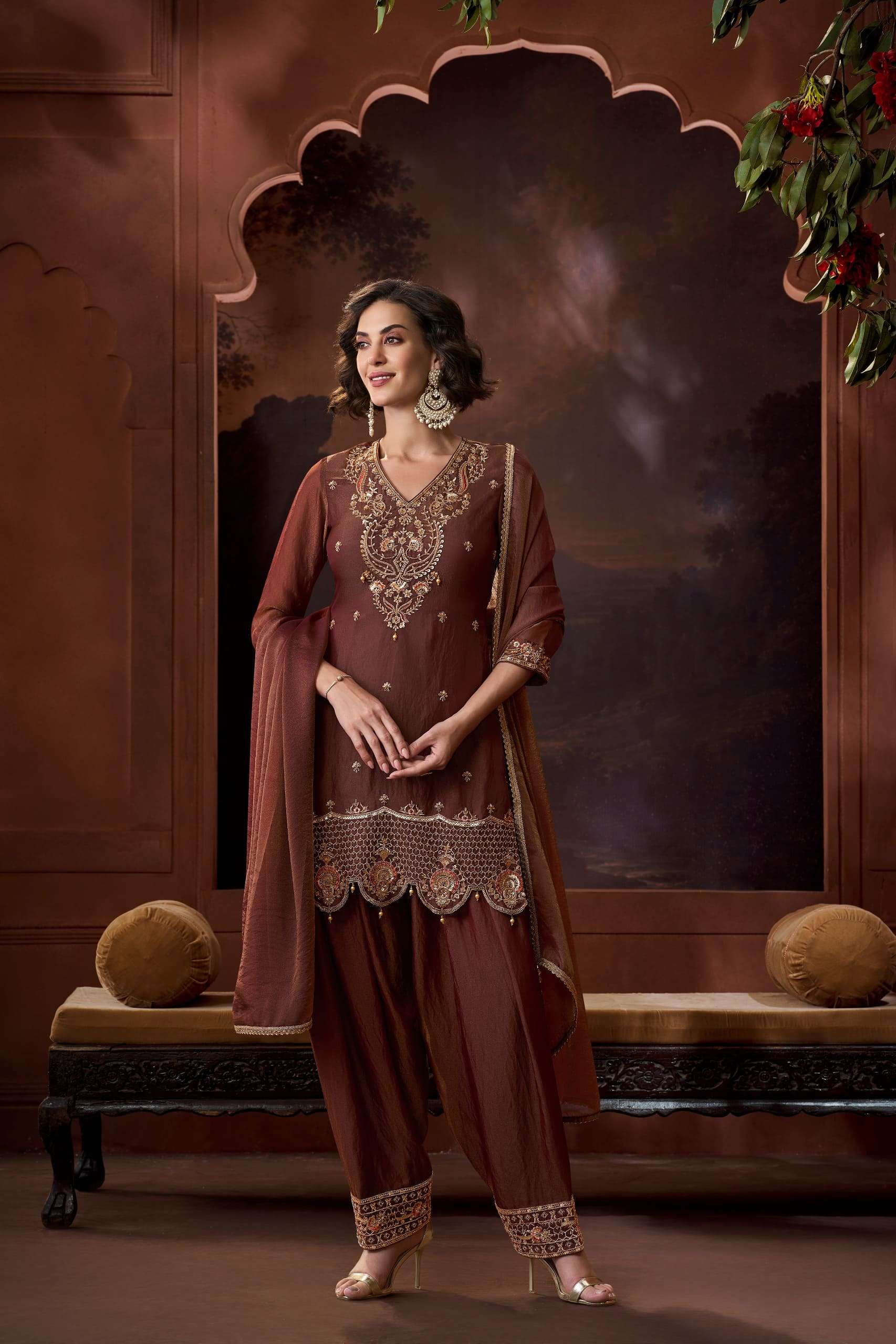 Metallic Maroon | Nylon X Cationic Farshi Set – Premium Embroidered Collection
