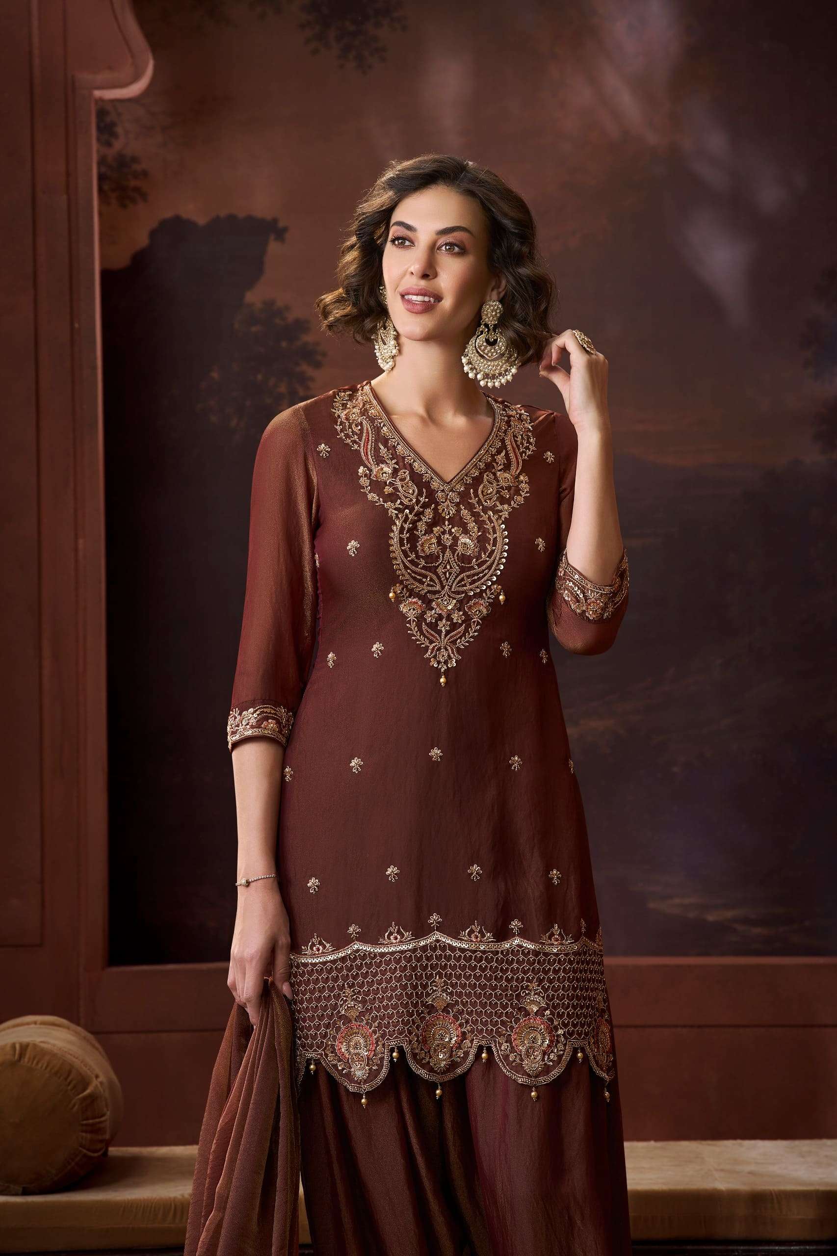 Metallic Maroon | Nylon X Cationic Farshi Set – Premium Embroidered Collection