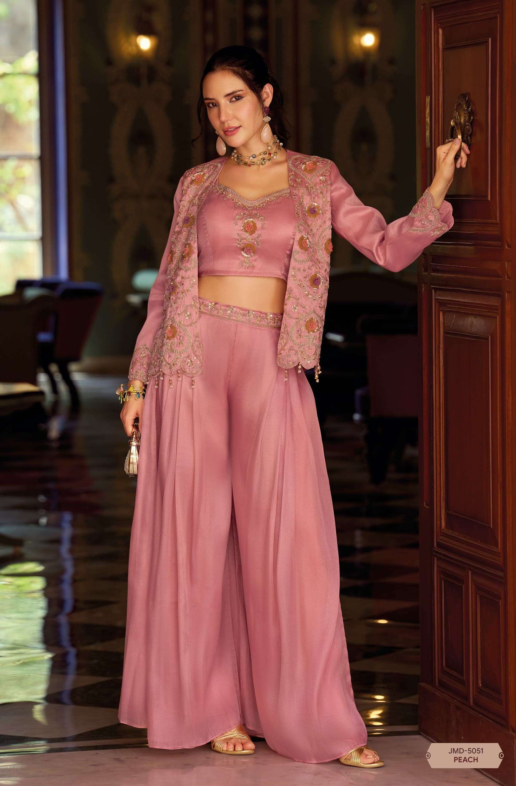 Peach Chandni Silk Choli with Embroidered Blazer | Pleated Palazzo Bottom Suit Set