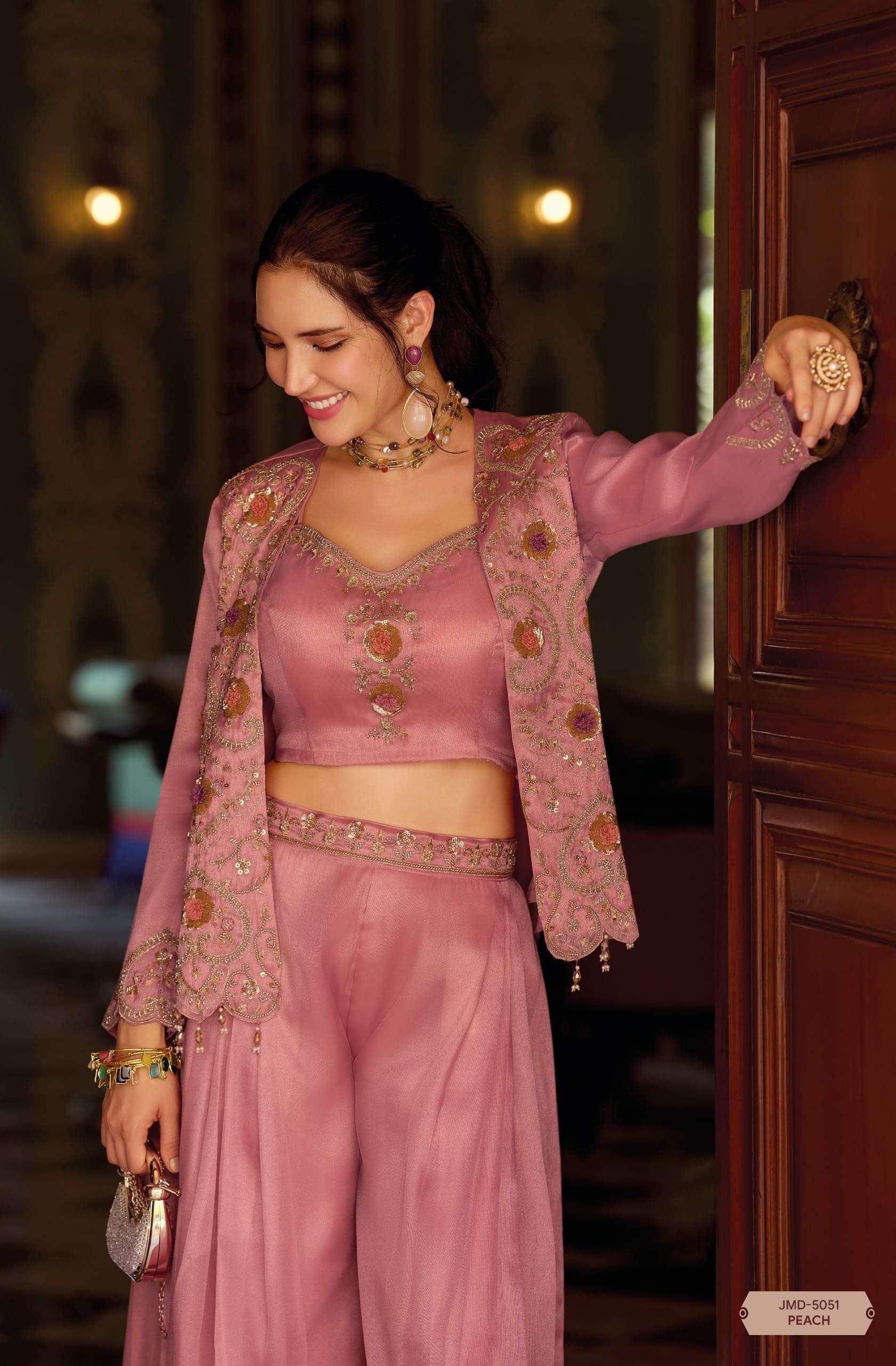 Peach Chandni Silk Choli with Embroidered Blazer | Pleated Palazzo Bottom Suit Set