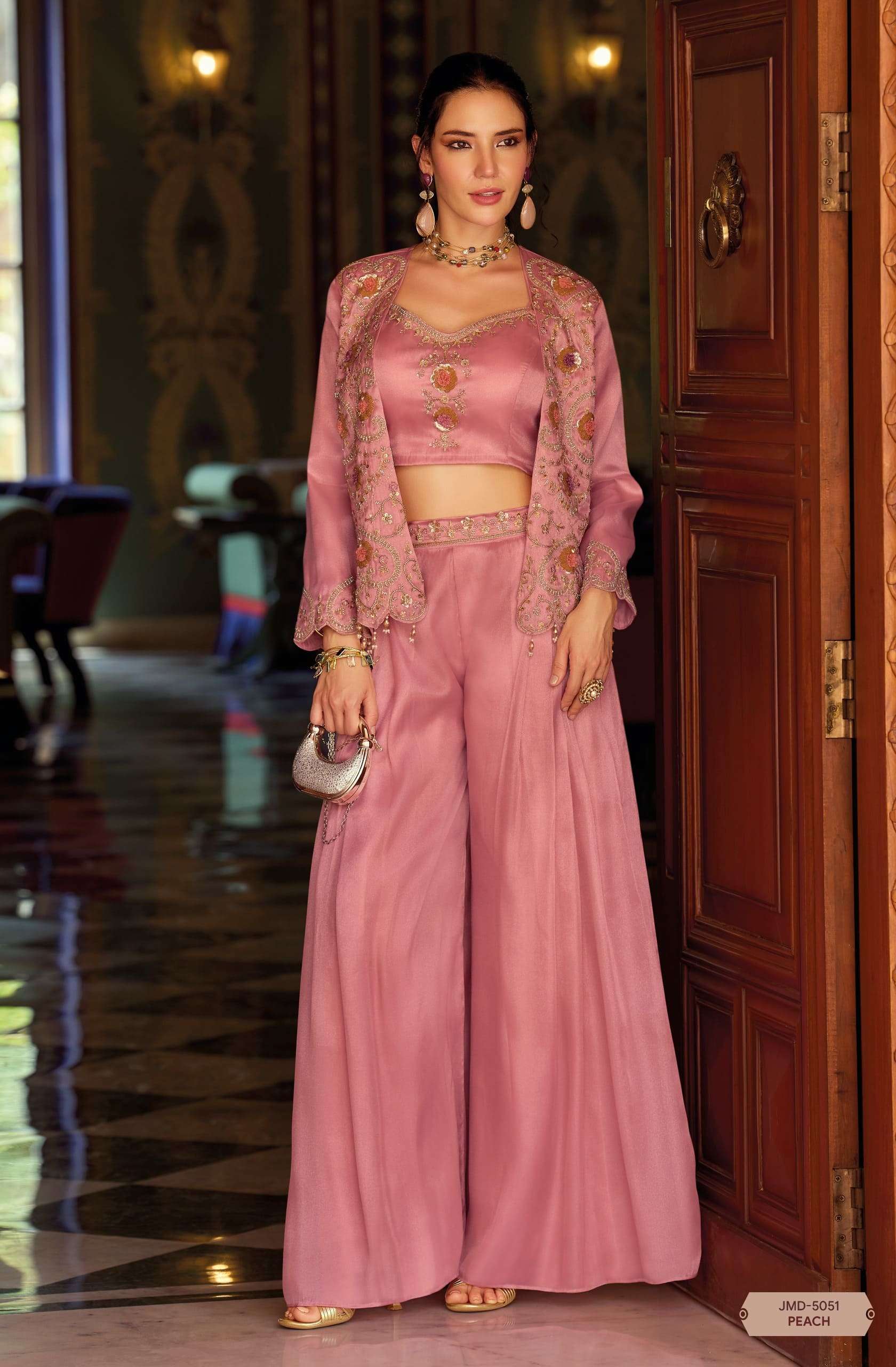 Peach Chandni Silk Choli with Embroidered Blazer | Pleated Palazzo Bottom Suit Set
