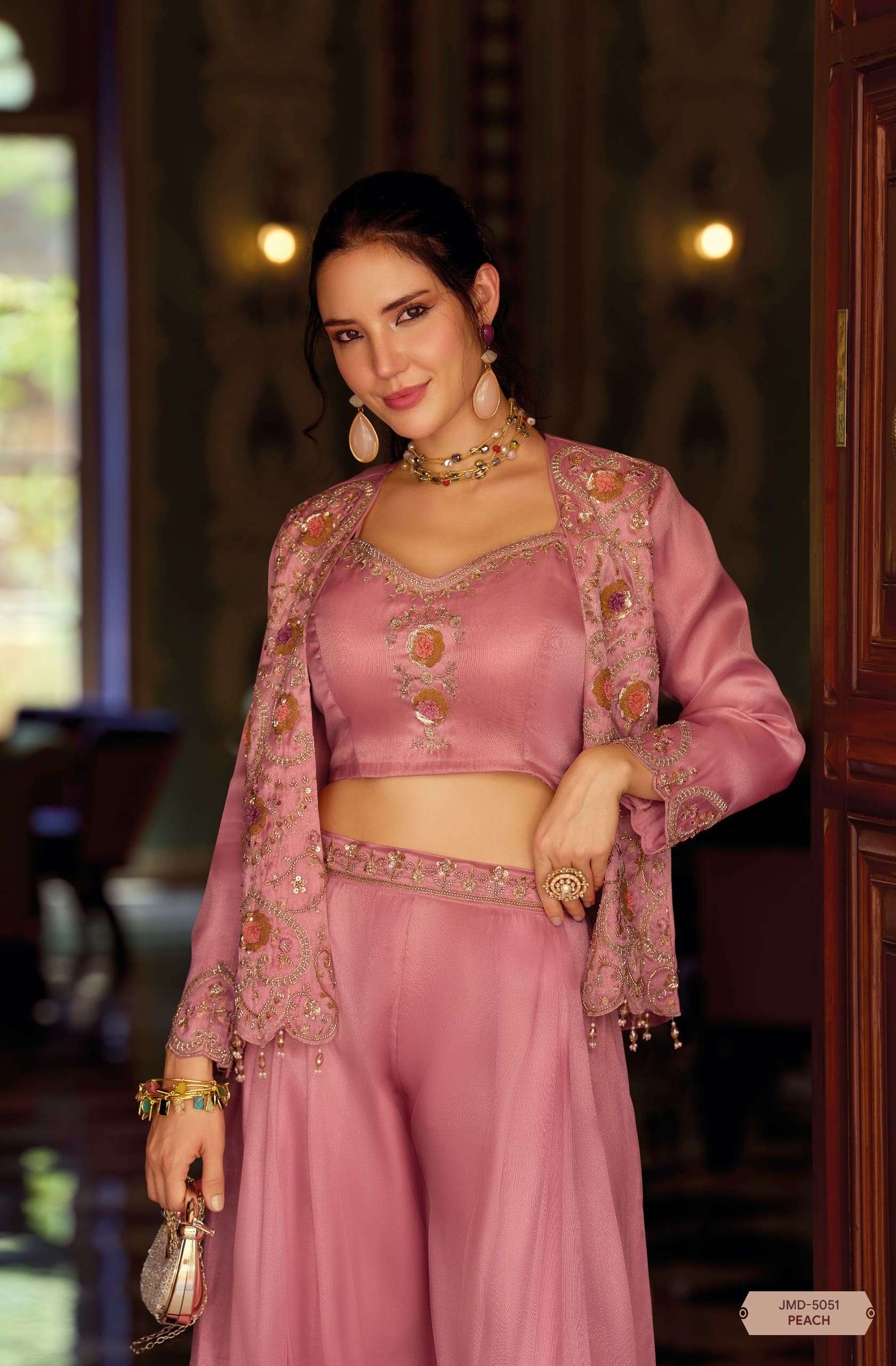 Peach Chandni Silk Choli with Embroidered Blazer | Pleated Palazzo Bottom Suit Set