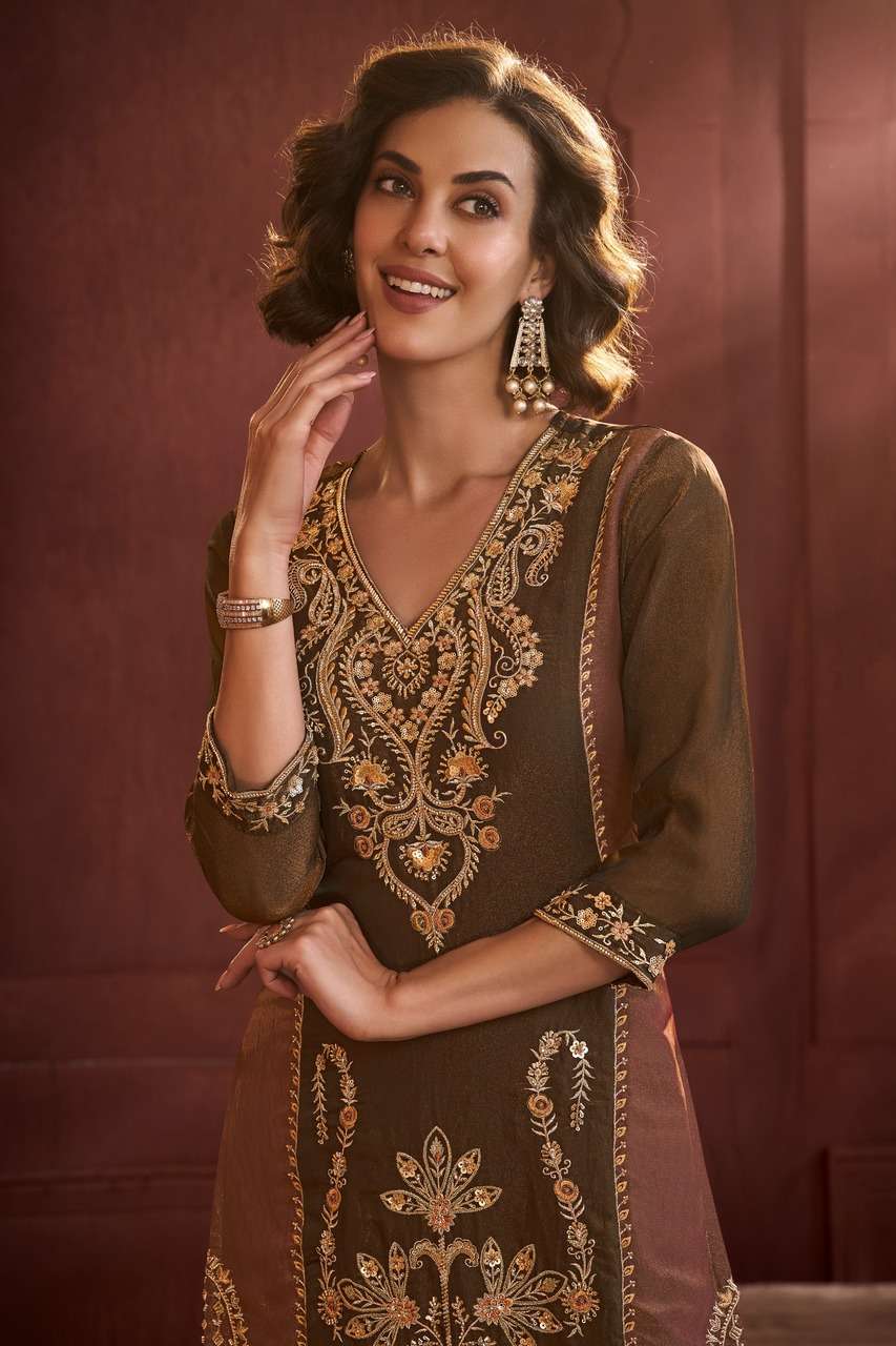 Premium Metallic Coffee Palazzo Set ✨ | Heavy Embroidery Work | Wholesale Collection