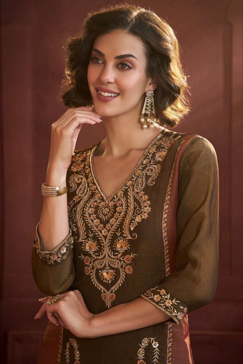 Premium Metallic Coffee Palazzo Set ✨ | Heavy Embroidery Work | Wholesale Collection