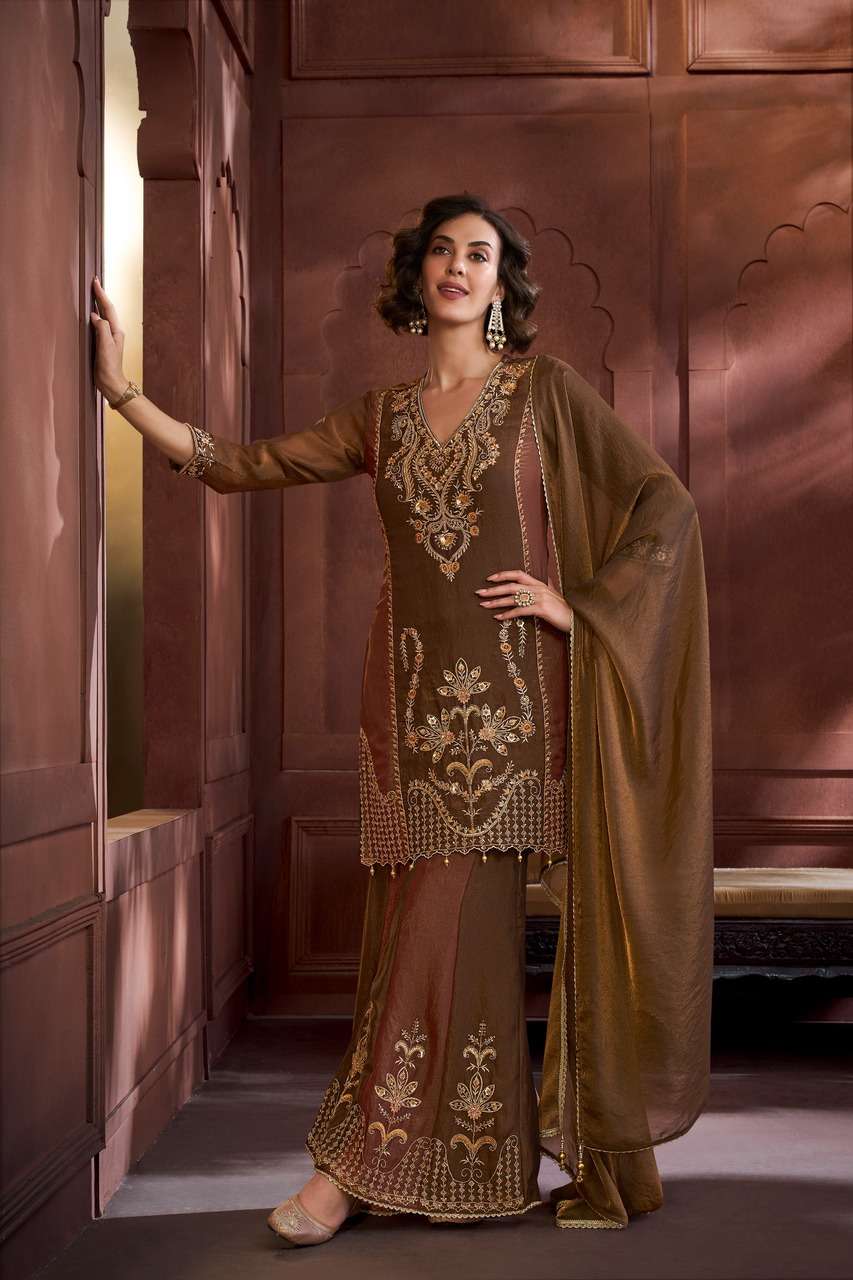 Premium Metallic Coffee Palazzo Set ✨ | Heavy Embroidery Work | Wholesale Collection