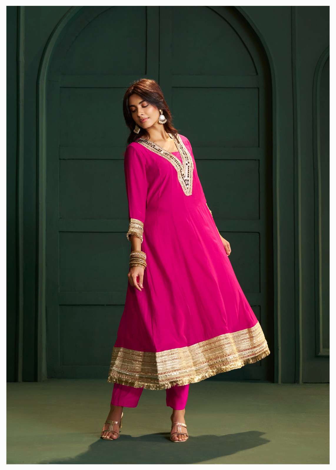 Premium Mull Chanderi Mirror Work Anarkali Three Piece Set with Jacquard Dupatta