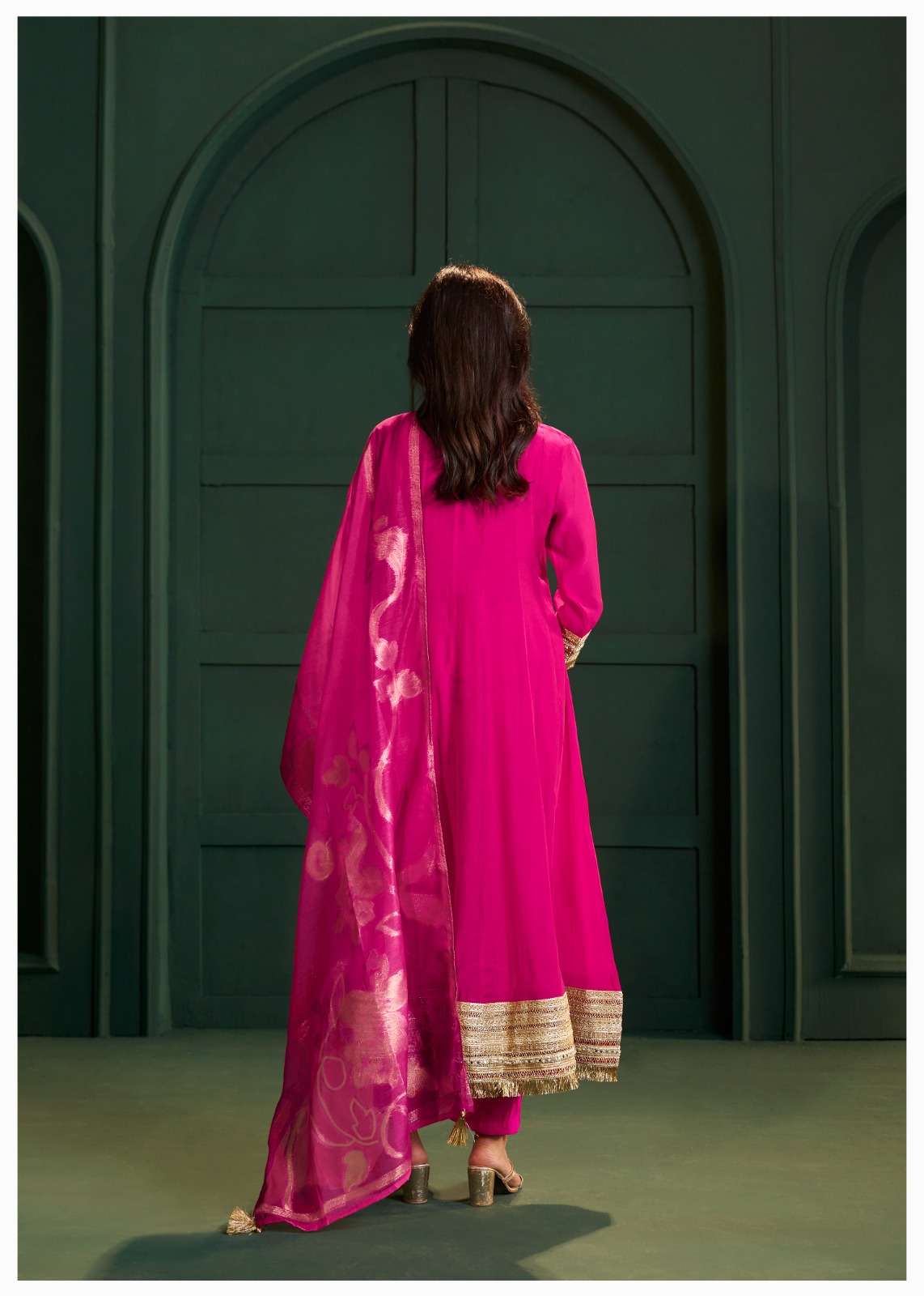 Premium Mull Chanderi Mirror Work Anarkali Three Piece Set with Jacquard Dupatta