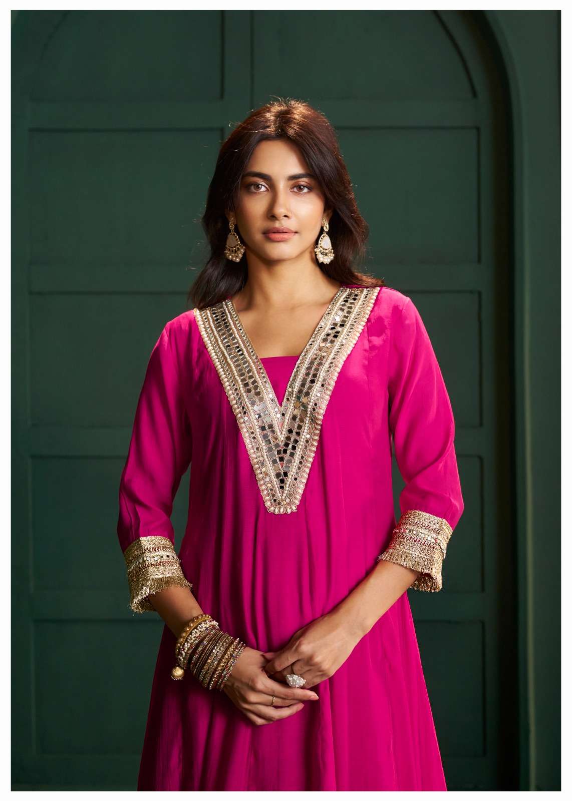 Premium Mull Chanderi Mirror Work Anarkali Three Piece Set with Jacquard Dupatta
