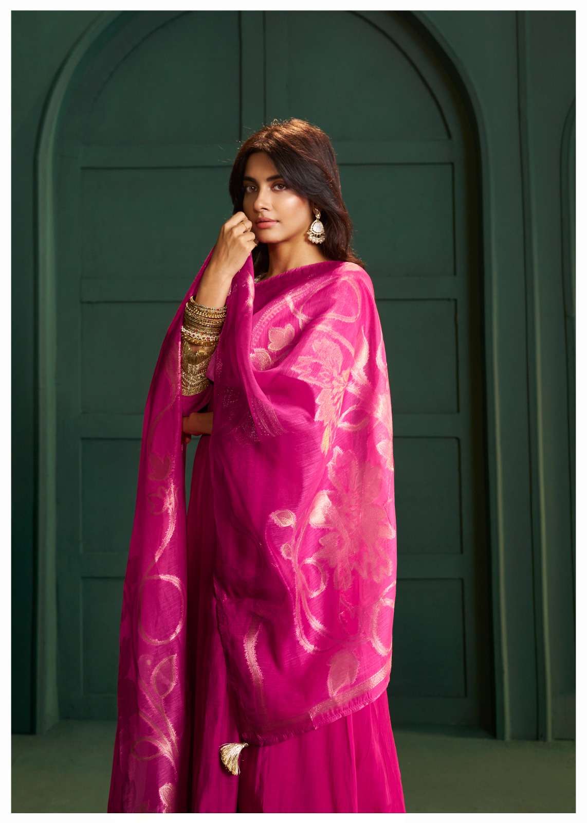 Premium Mull Chanderi Mirror Work Anarkali Three Piece Set with Jacquard Dupatta