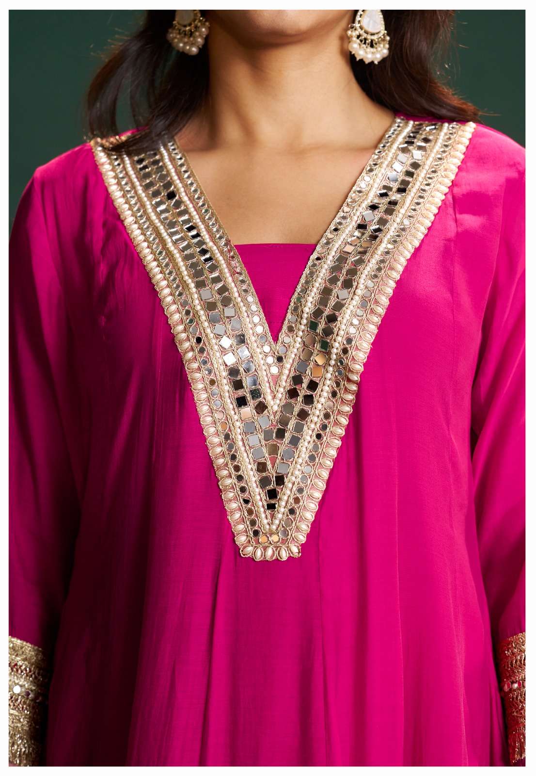 Premium Mull Chanderi Mirror Work Anarkali Three Piece Set with Jacquard Dupatta