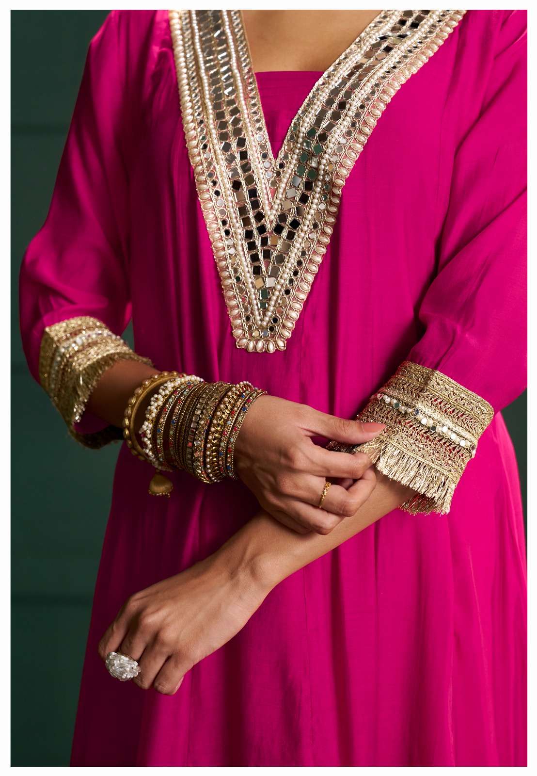 Premium Mull Chanderi Mirror Work Anarkali Three Piece Set with Jacquard Dupatta
