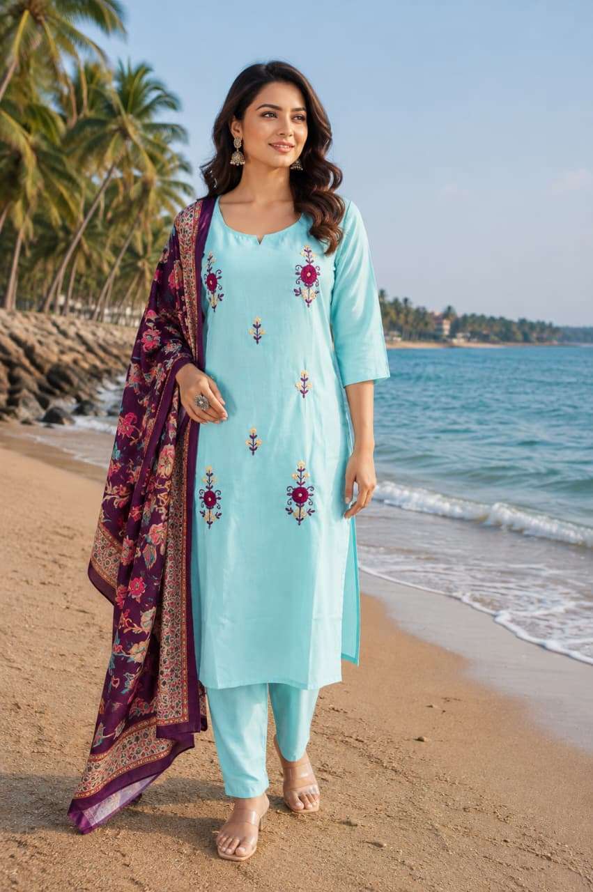Premium Titan Cotton Embroidered Suit with Printed Dupatta